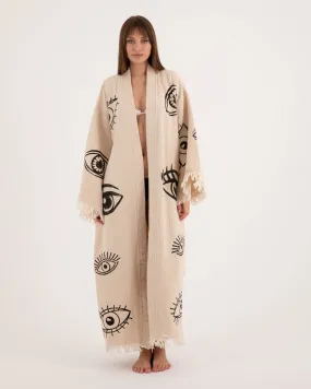 Beige Three Eyes Patterned Kimono