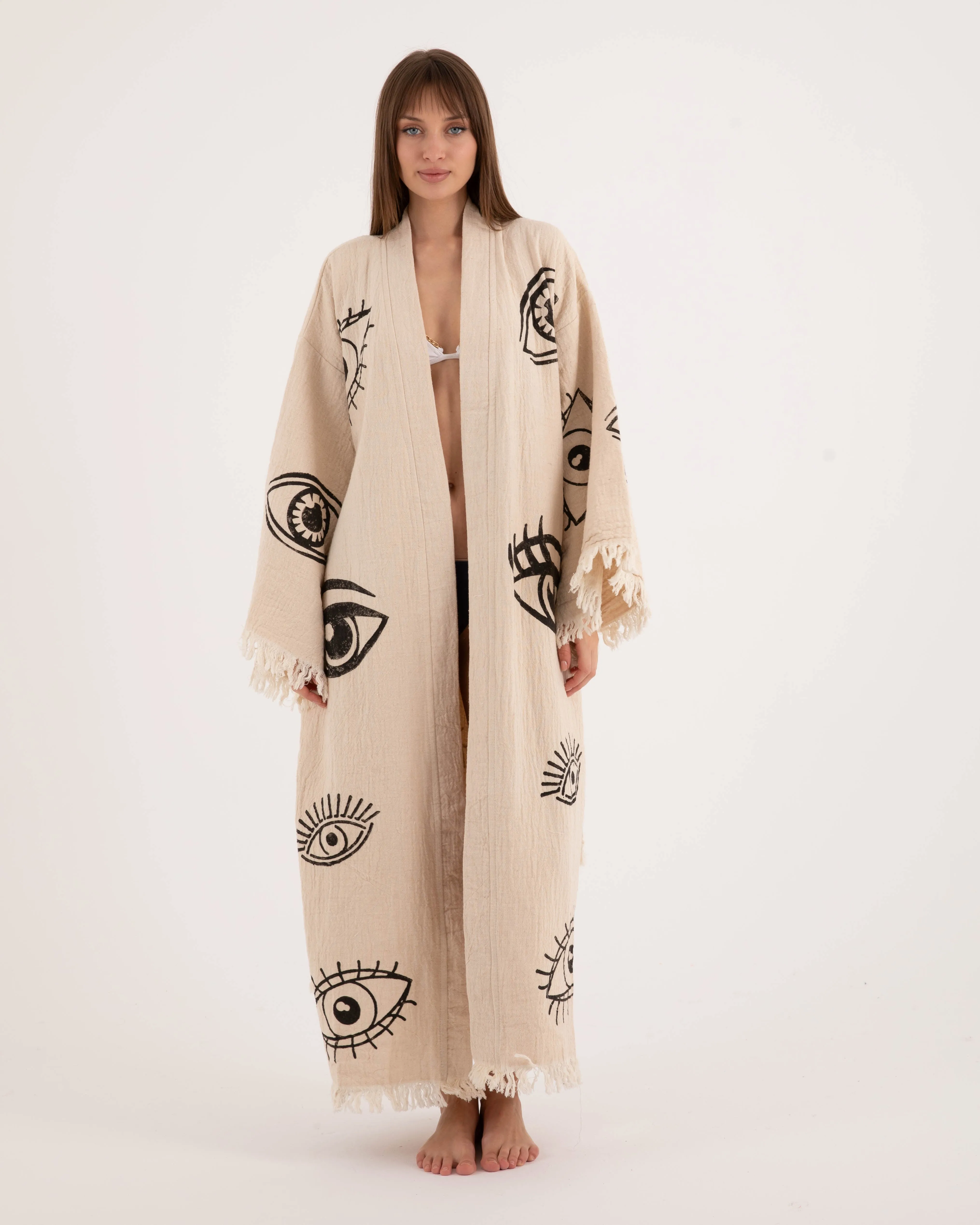 Beige Three Eyes Patterned Kimono