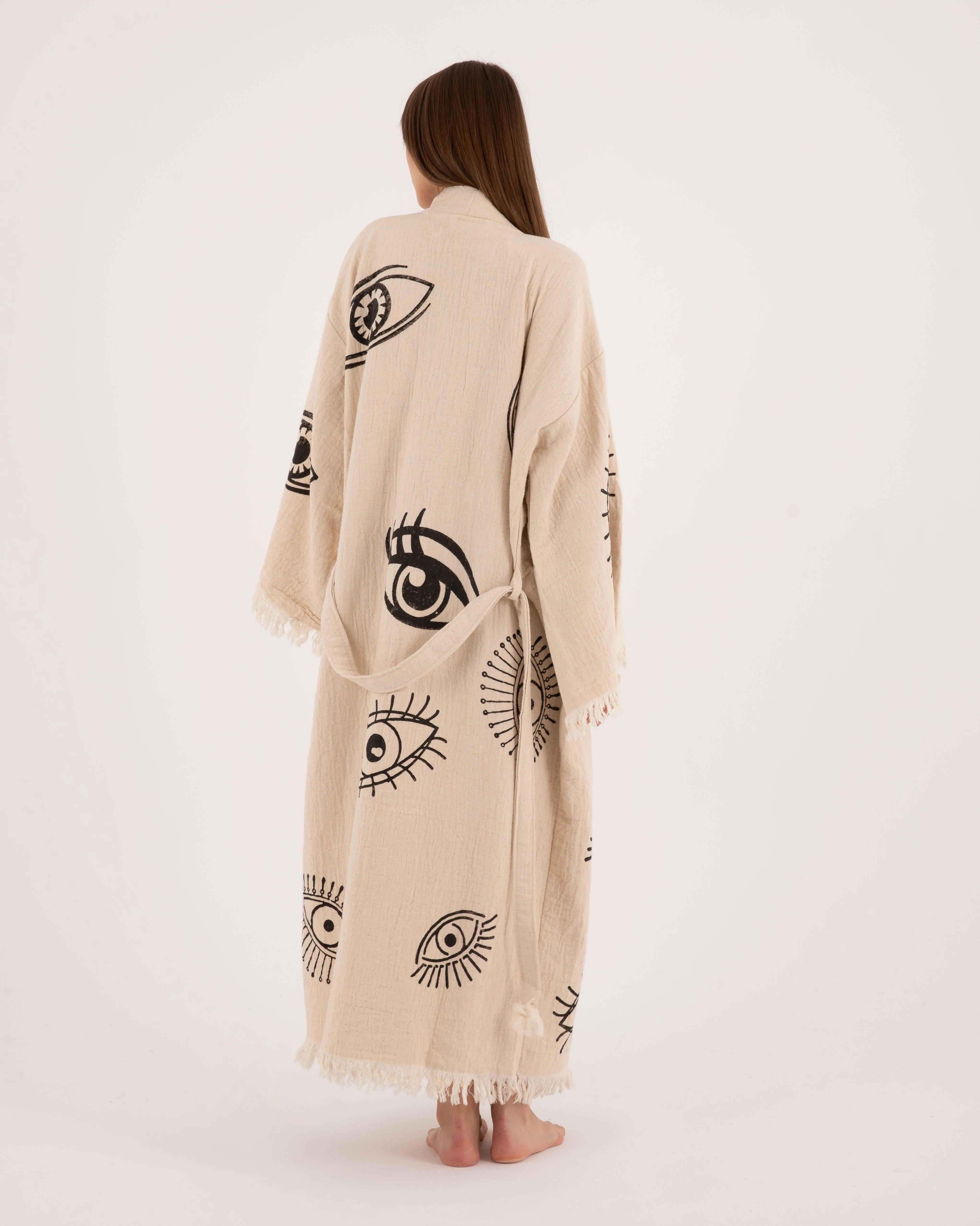 Beige Three Eyes Patterned Kimono