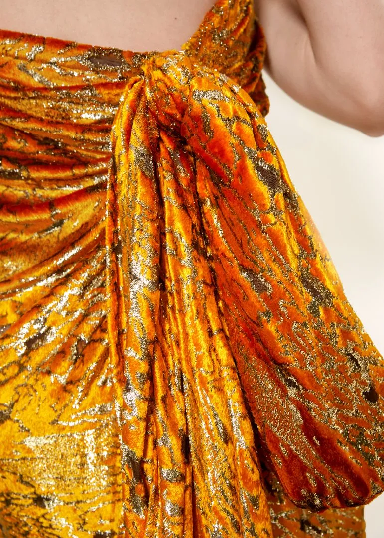 Bill Blass Velvet Yellow Strapless Metallic Dress
