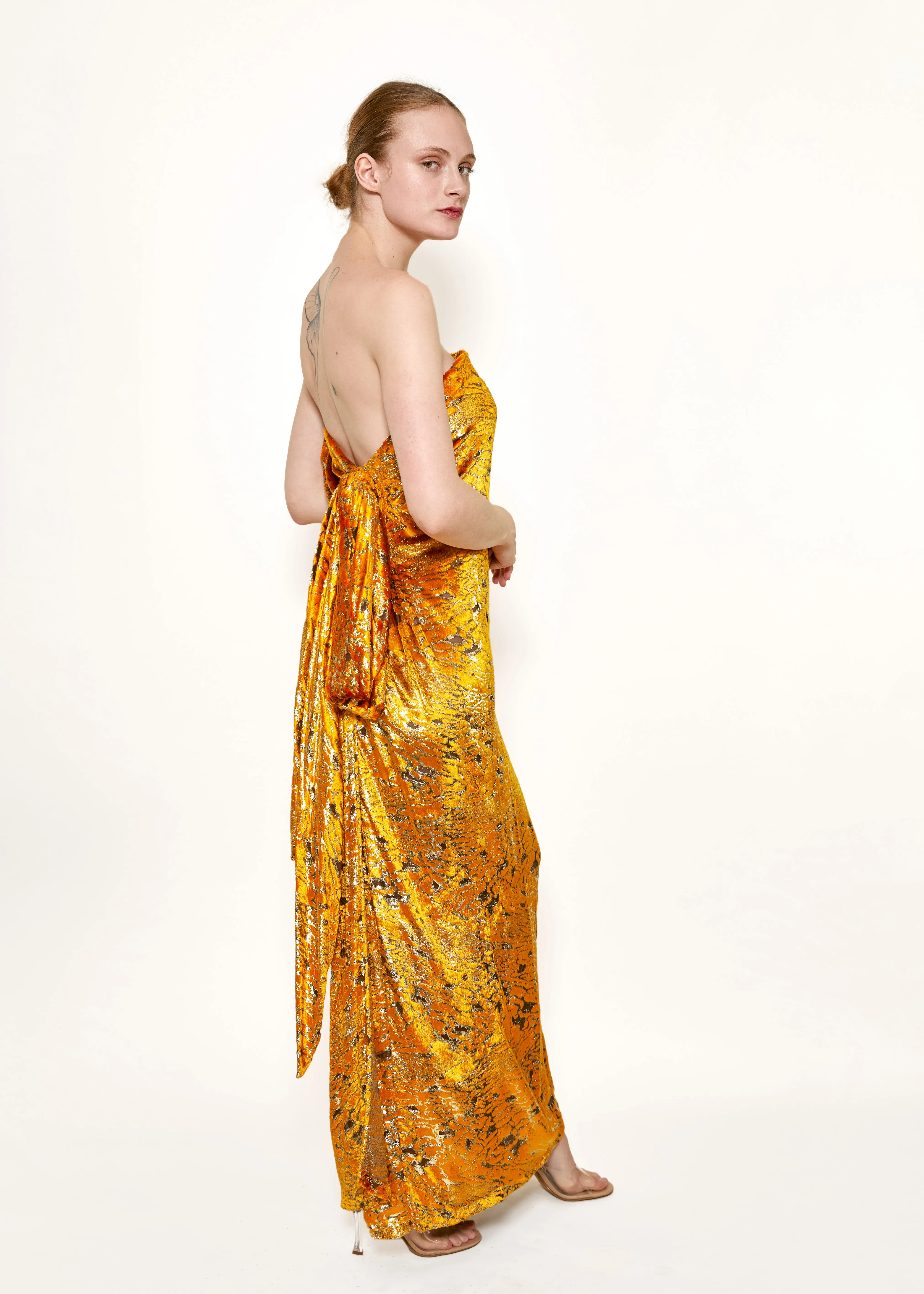 Bill Blass Velvet Yellow Strapless Metallic Dress