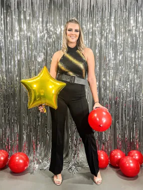 BLACK AND GOLD HALTER JUMPSUIT