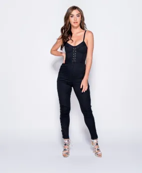 Black Denim Lace Up Detail Jumpsuit