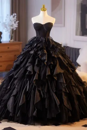 Black Layered Tulle Prom Dress, Black A-Line Strapless Long Evening Party Dress