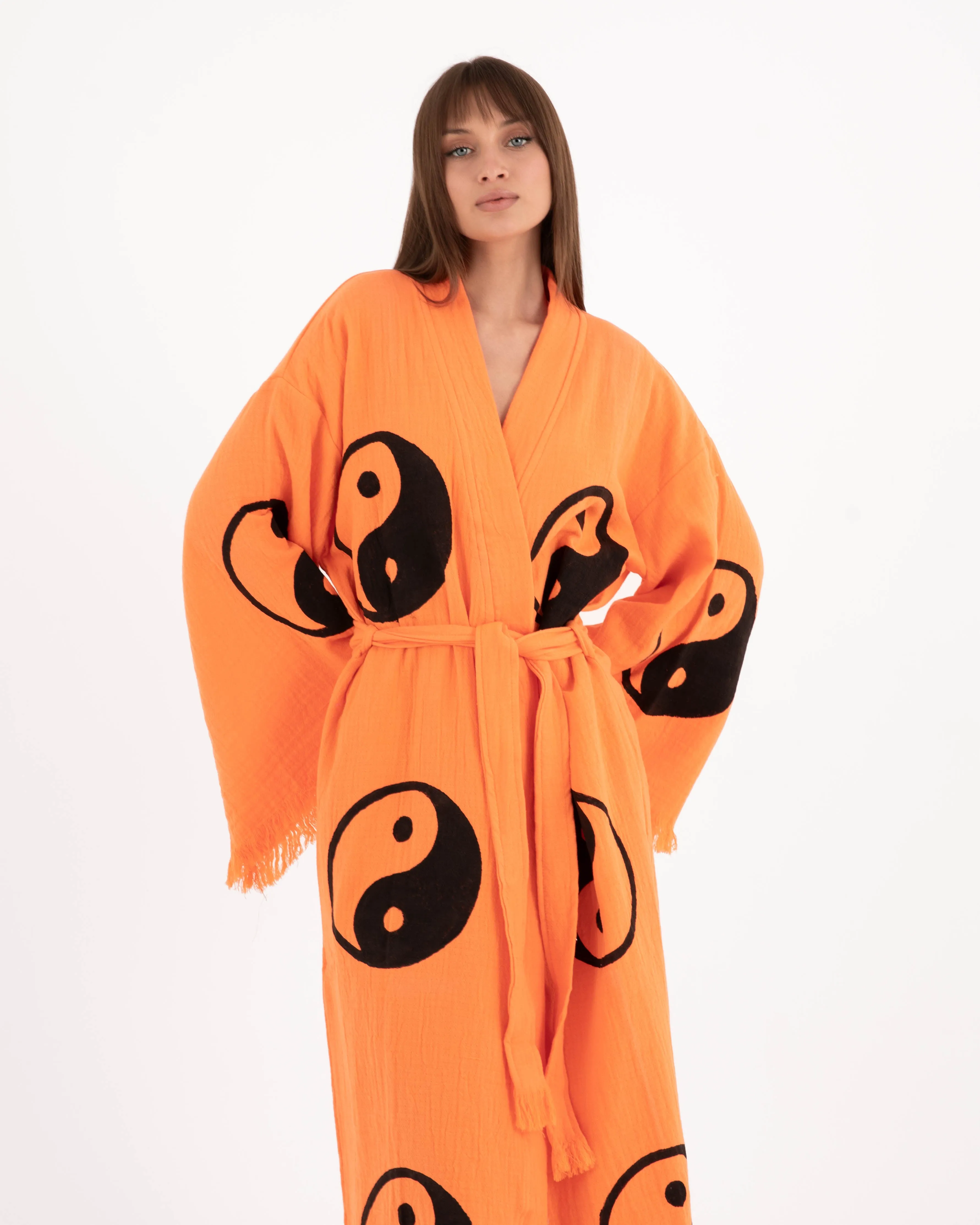 Black Yin Yang Patterned Orange Kimono Robe