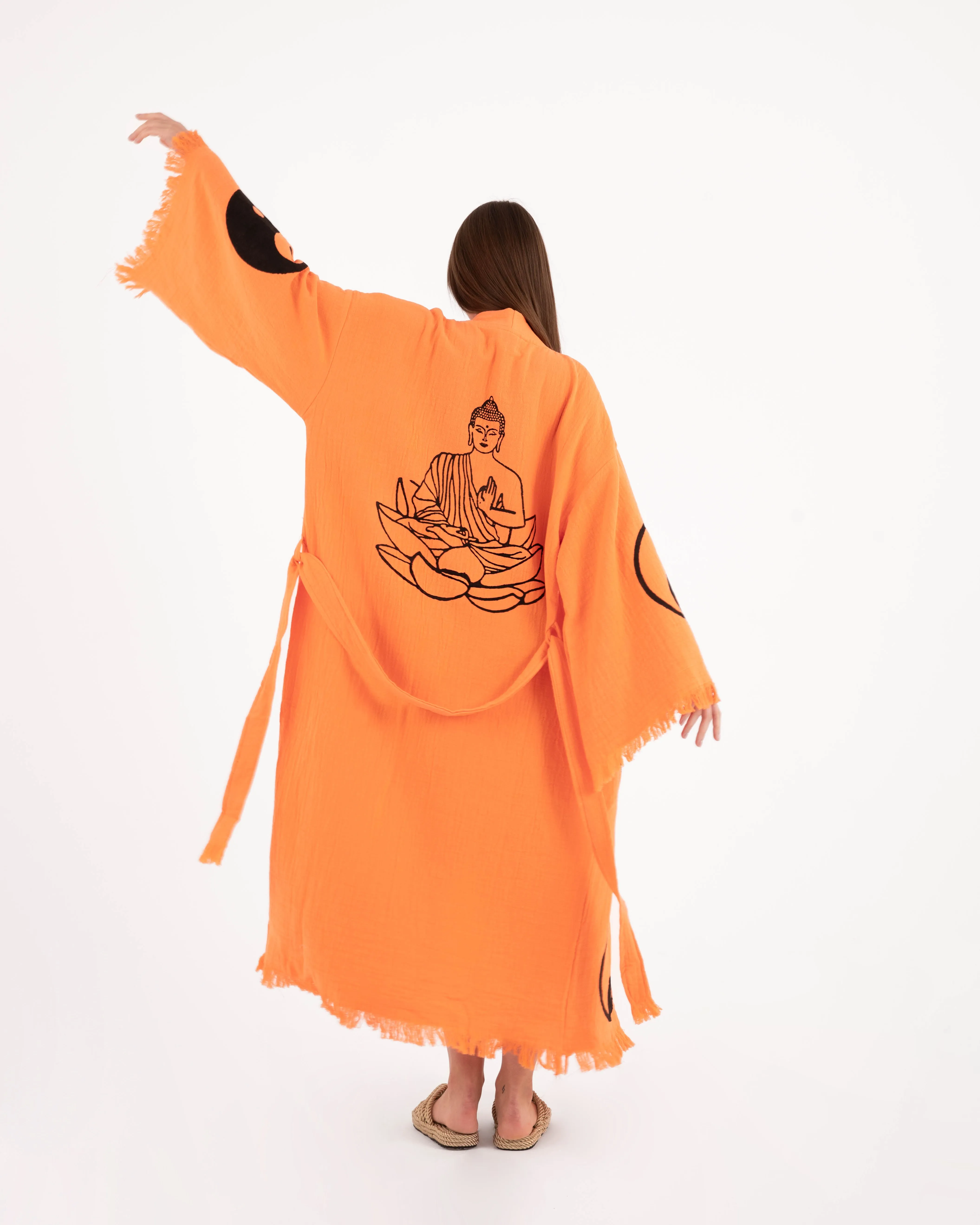 Black Yin Yang Patterned Orange Kimono Robe