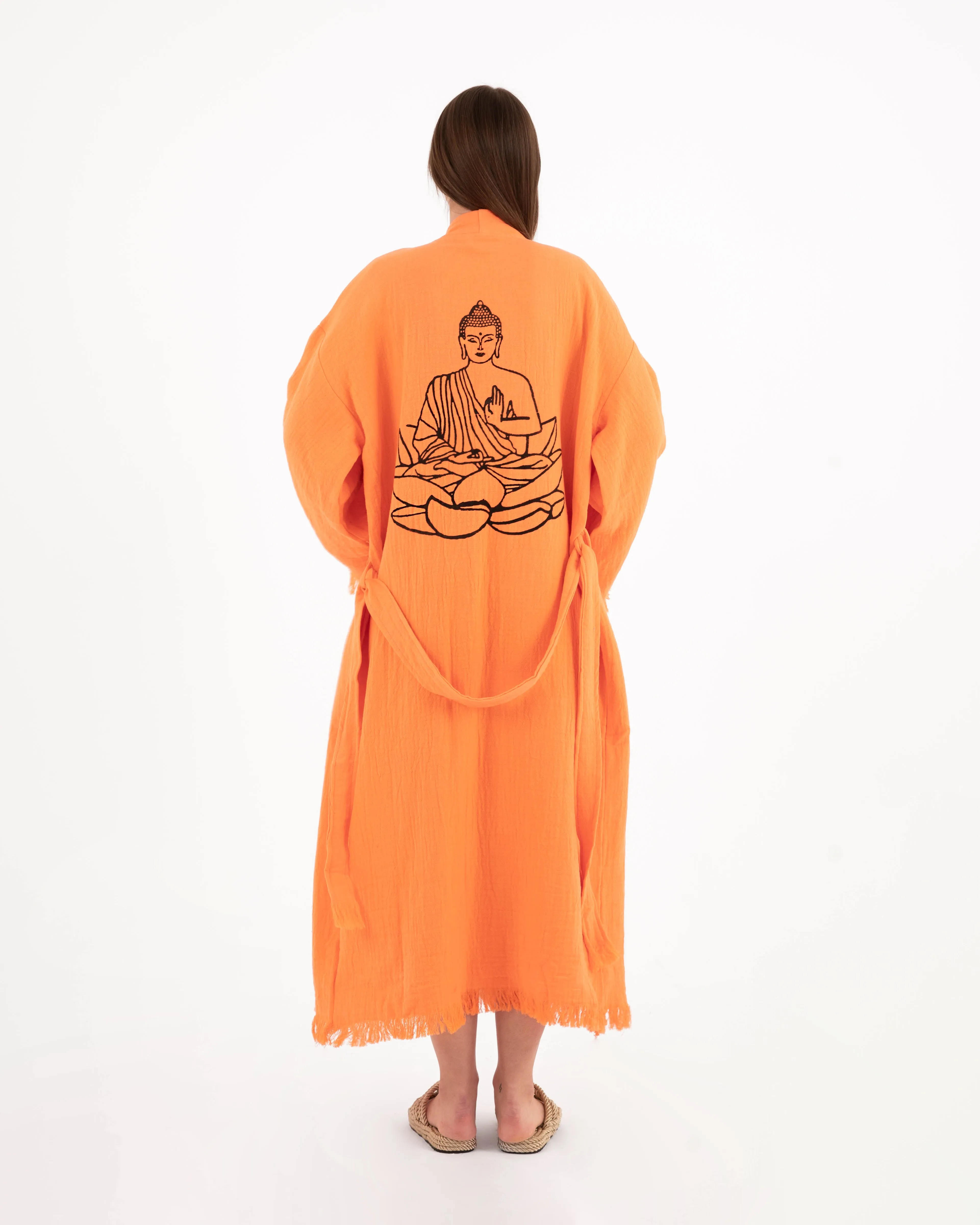 Black Yin Yang Patterned Orange Kimono Robe