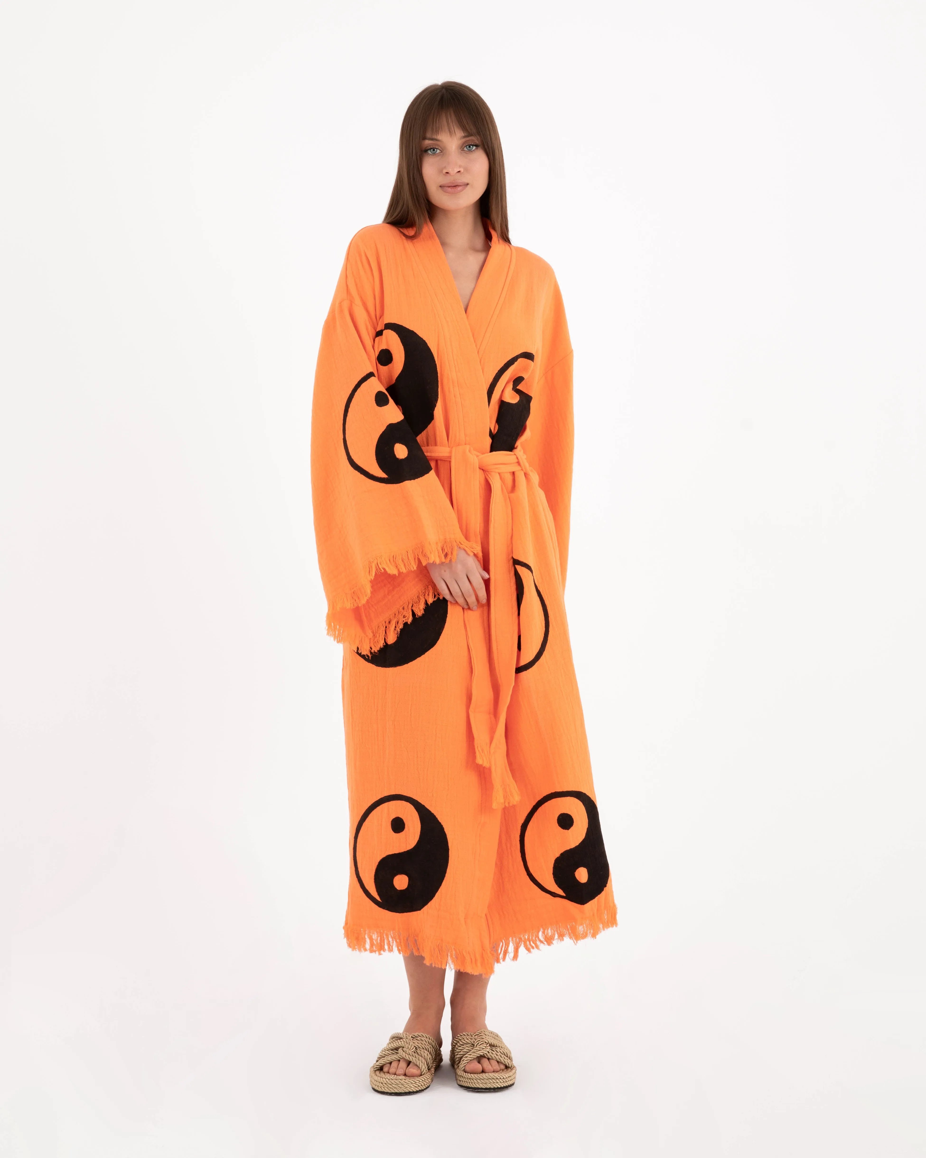 Black Yin Yang Patterned Orange Kimono Robe