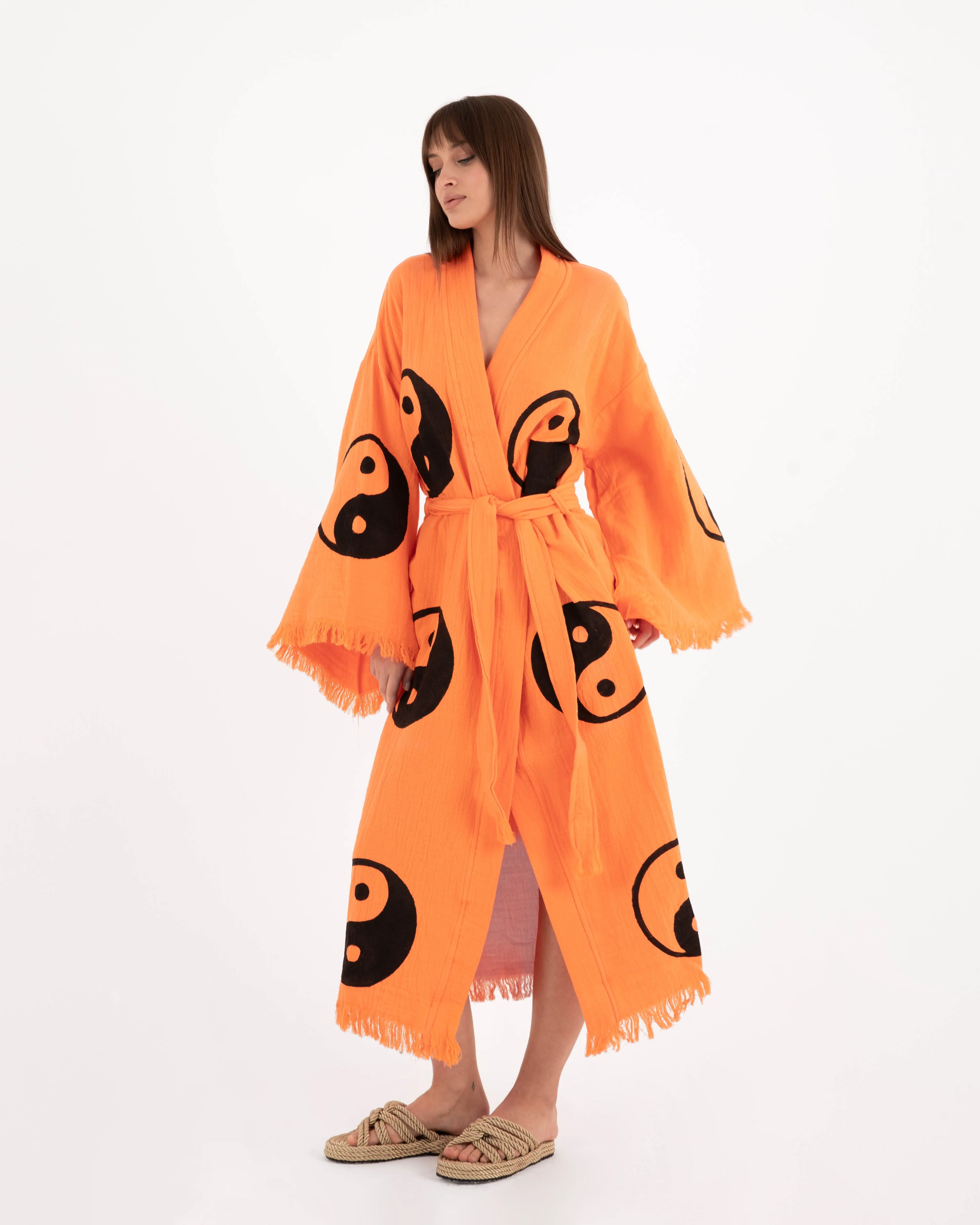 Black Yin Yang Patterned Orange Kimono Robe