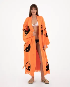 Black Yin Yang Patterned Orange Kimono Robe