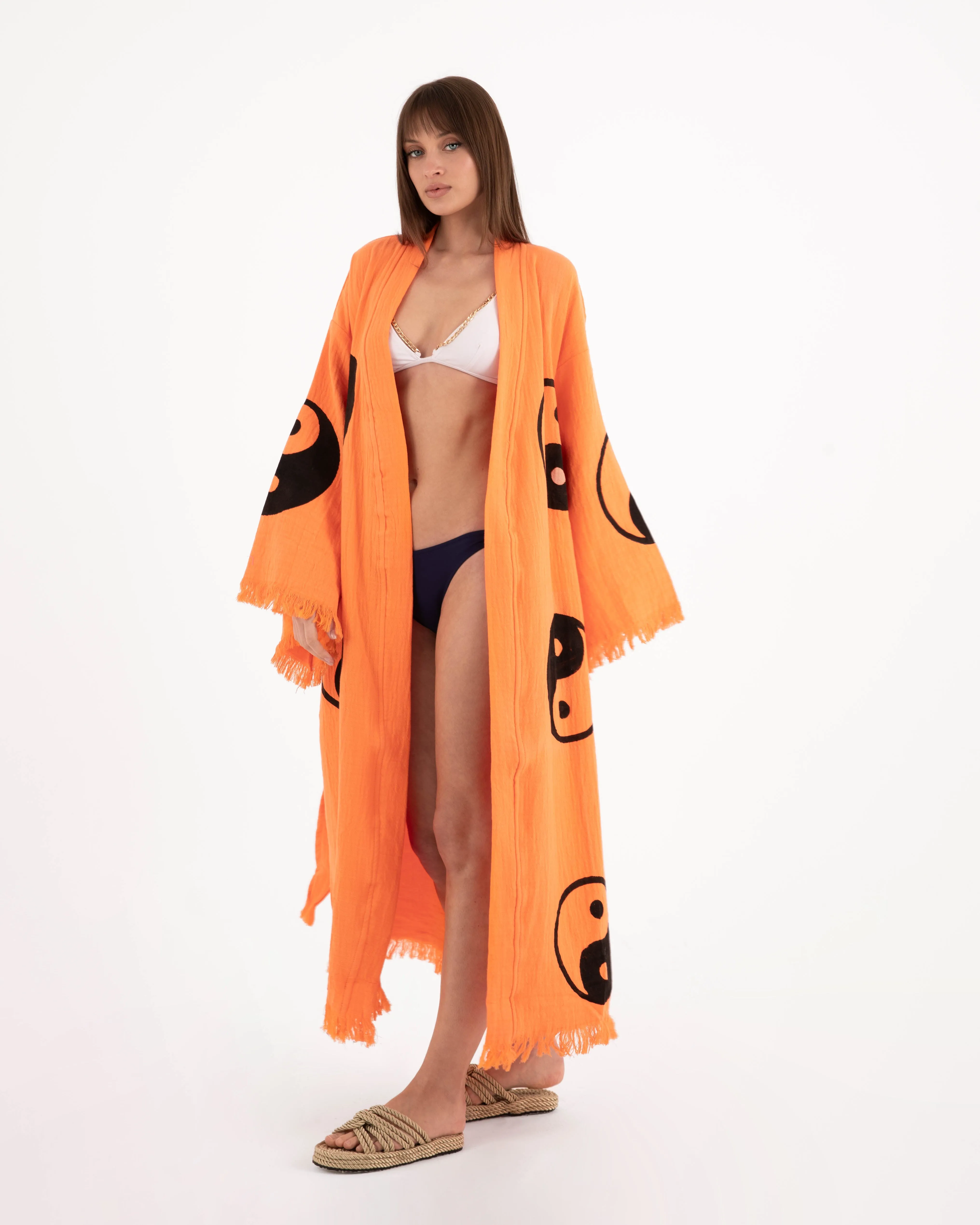 Black Yin Yang Patterned Orange Kimono Robe