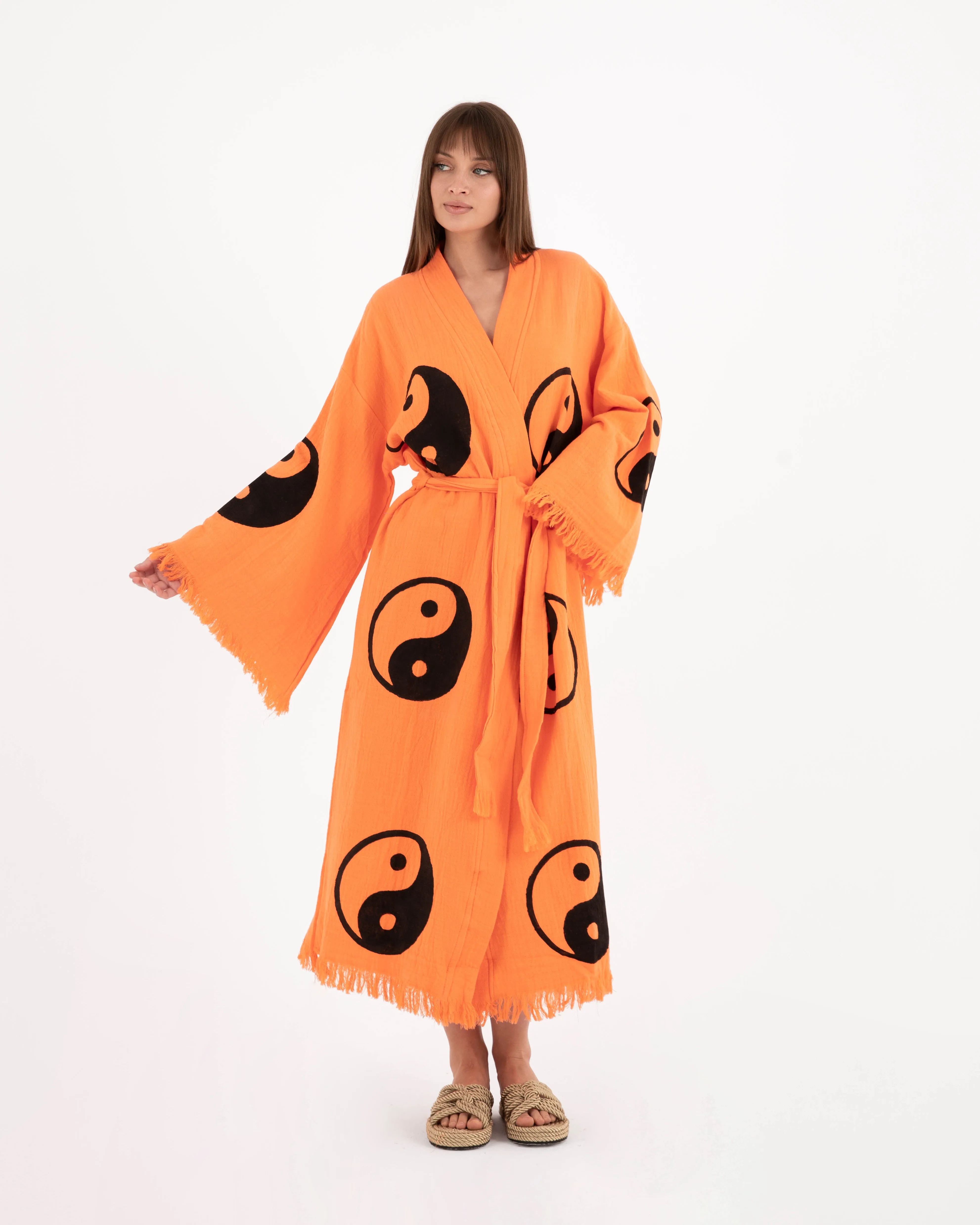 Black Yin Yang Patterned Orange Kimono Robe