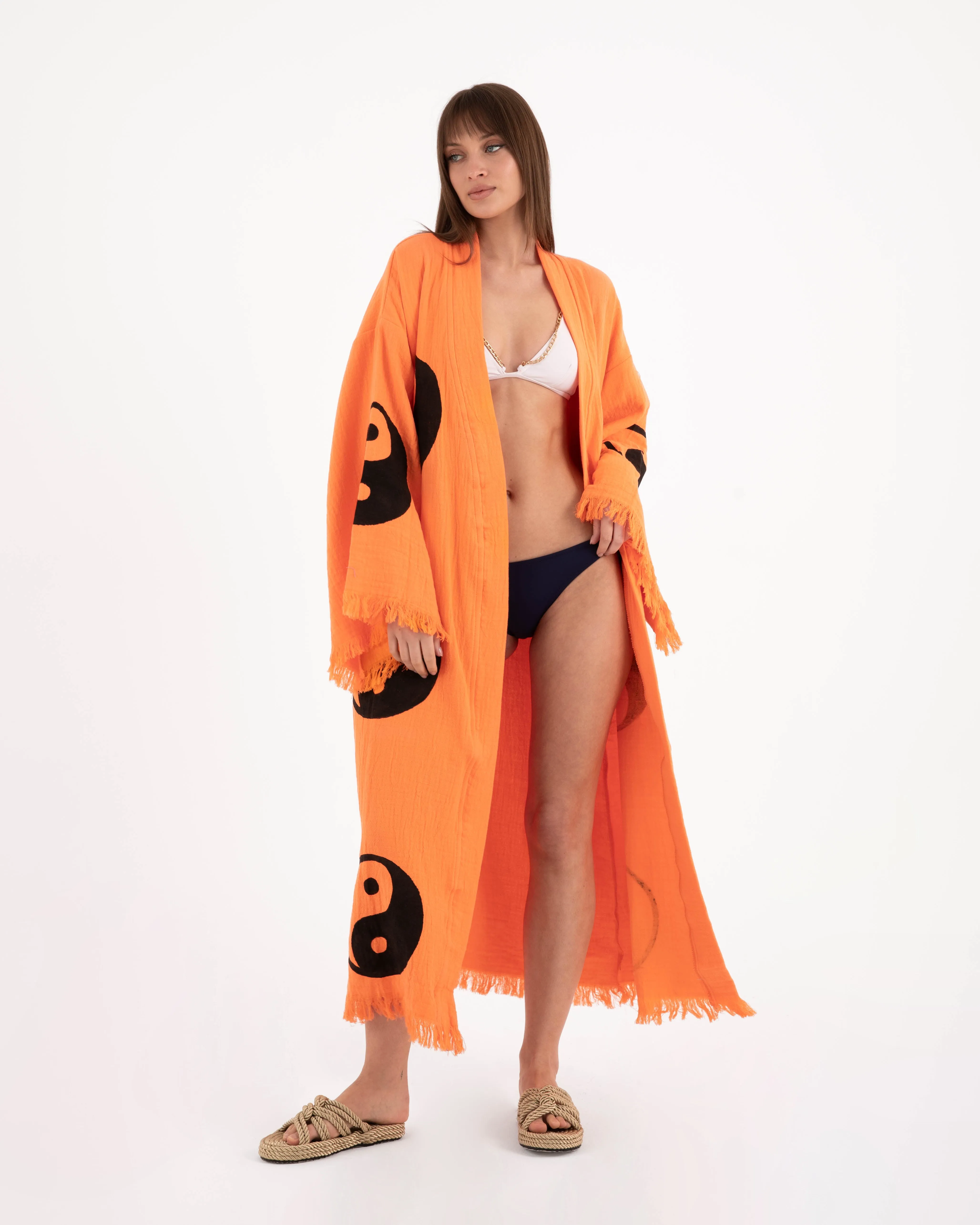 Black Yin Yang Patterned Orange Kimono Robe