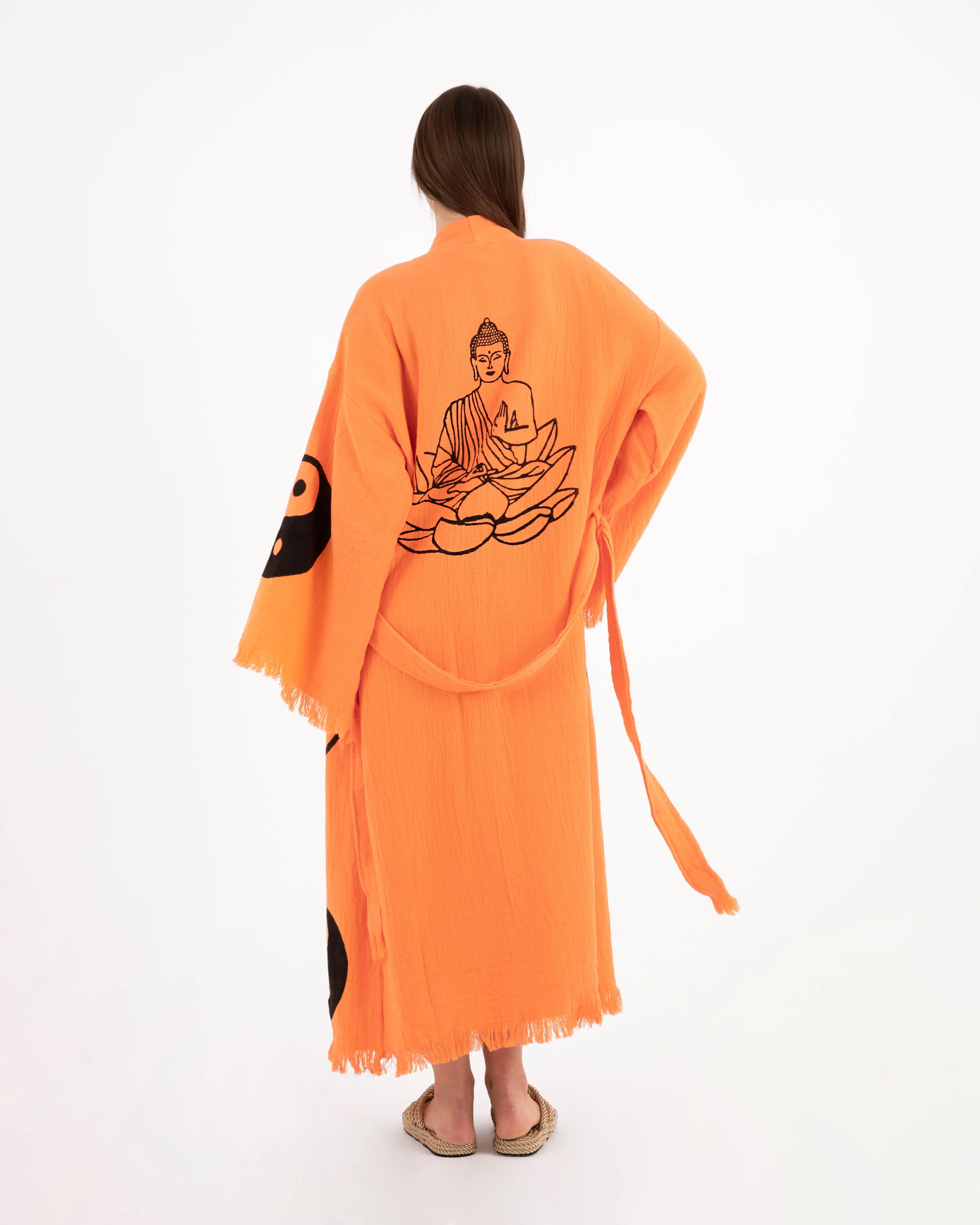 Black Yin Yang Patterned Orange Kimono Robe