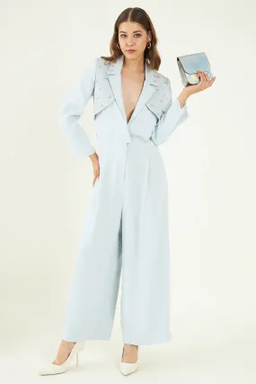 Blue Lapel Collar Jumpsuit