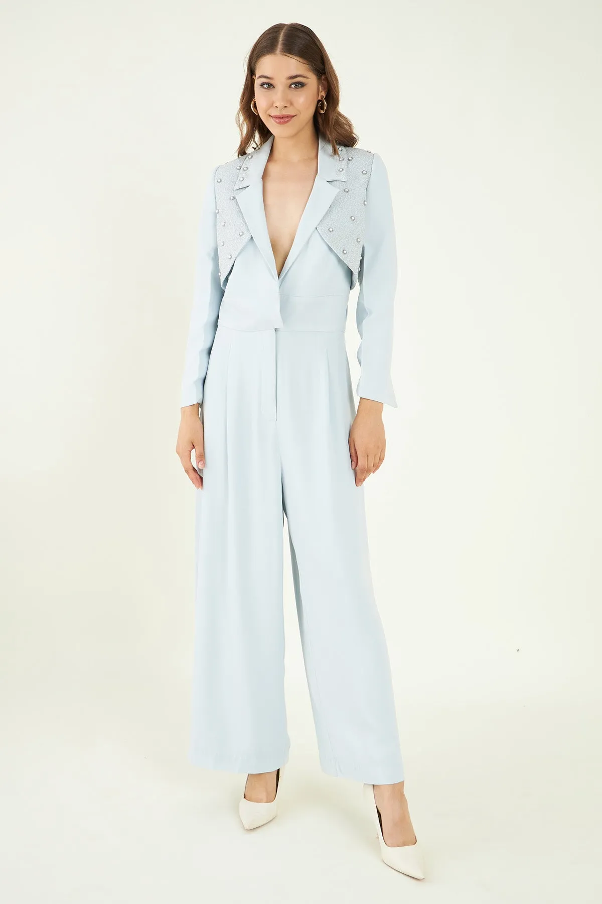 Blue Lapel Collar Jumpsuit