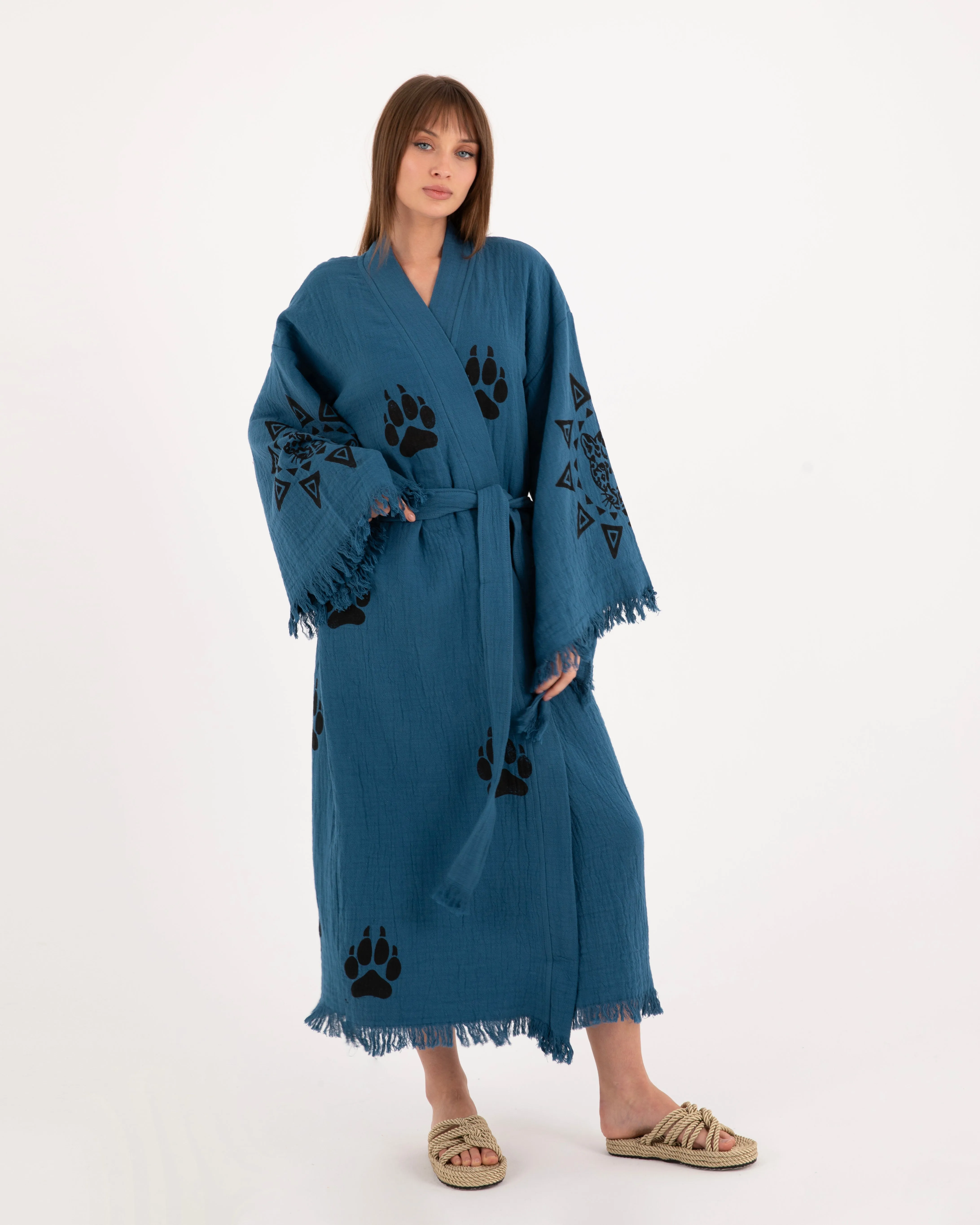 Blue Paw Detailed Kimono Robe