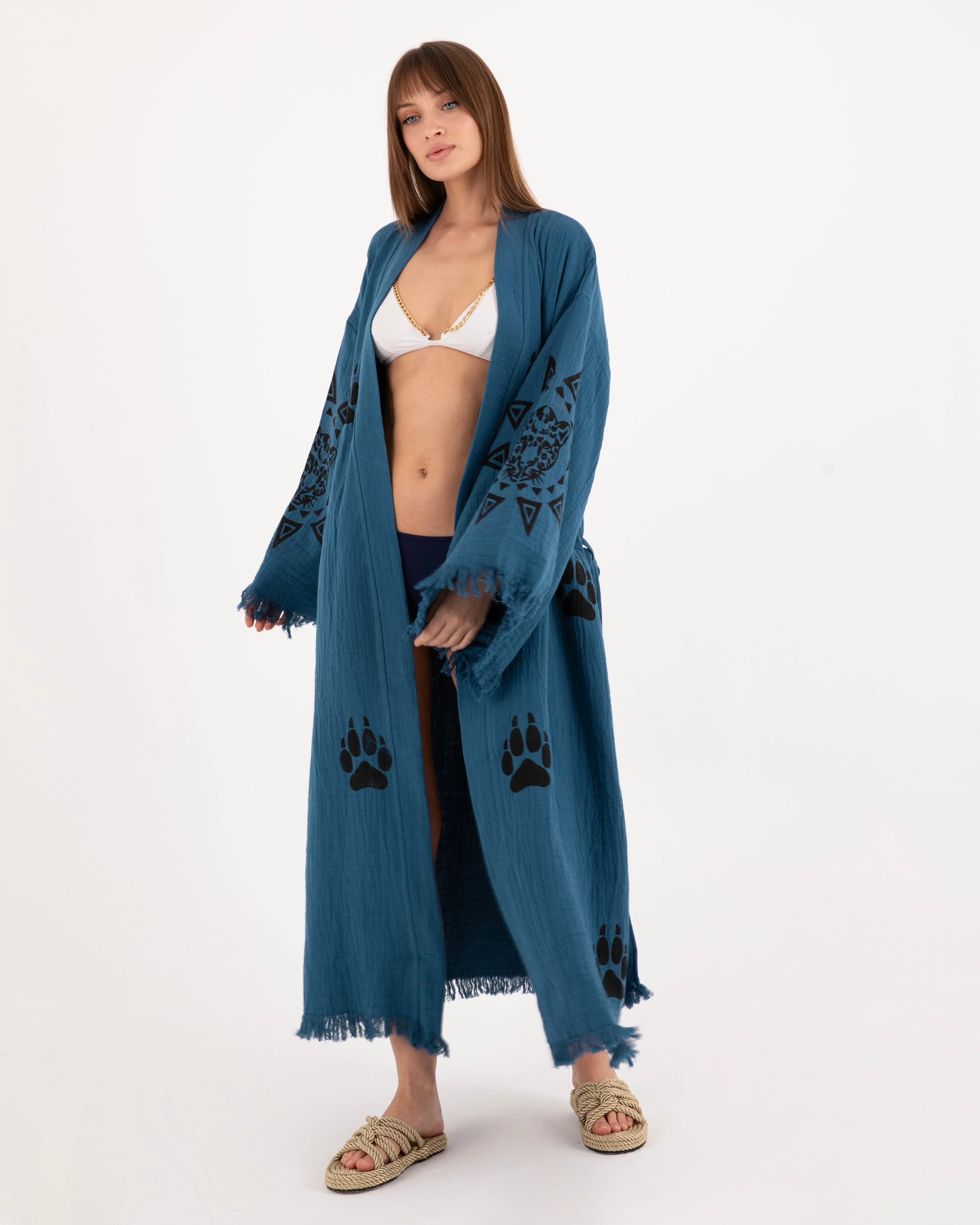 Blue Paw Detailed Kimono Robe
