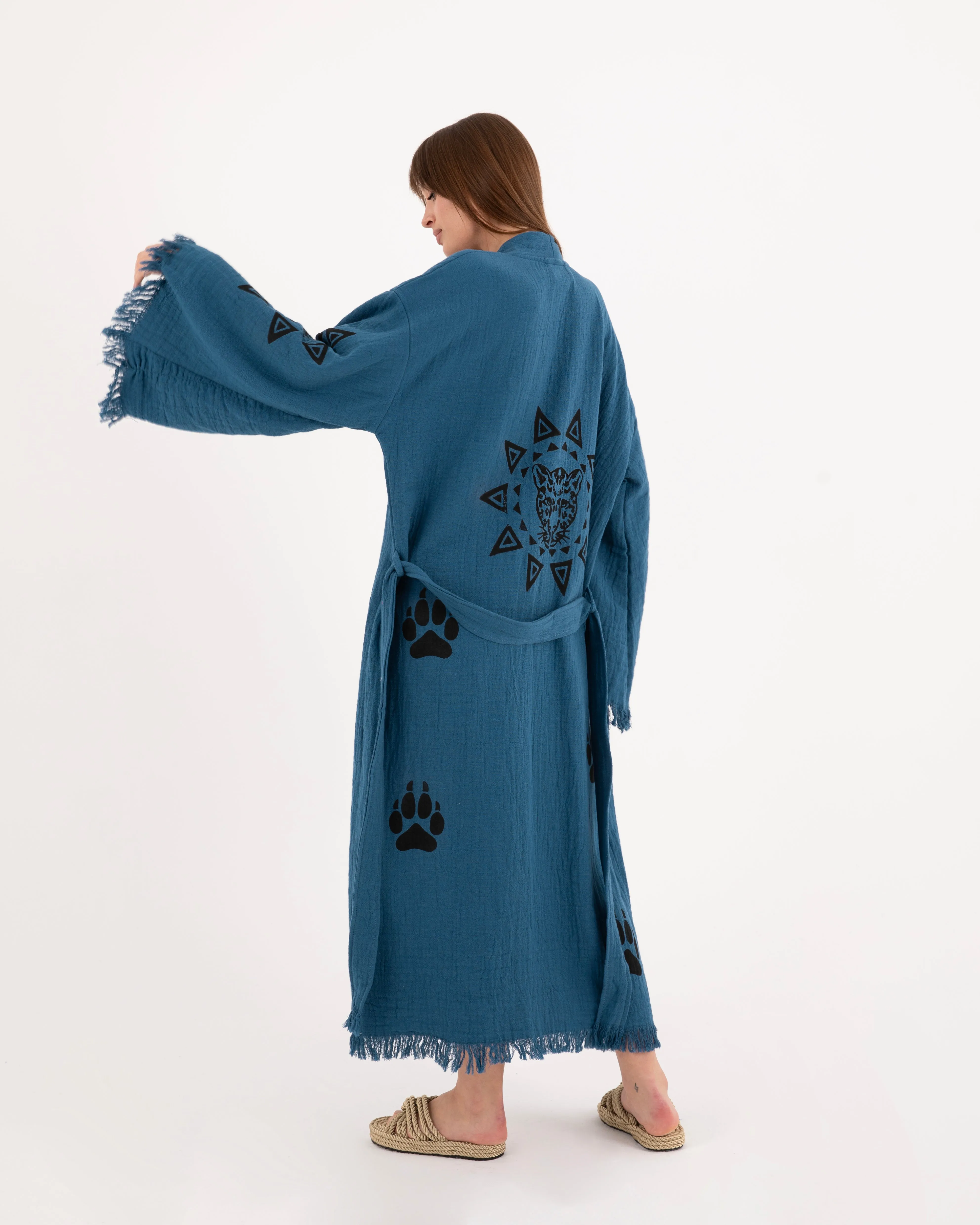 Blue Paw Detailed Kimono Robe