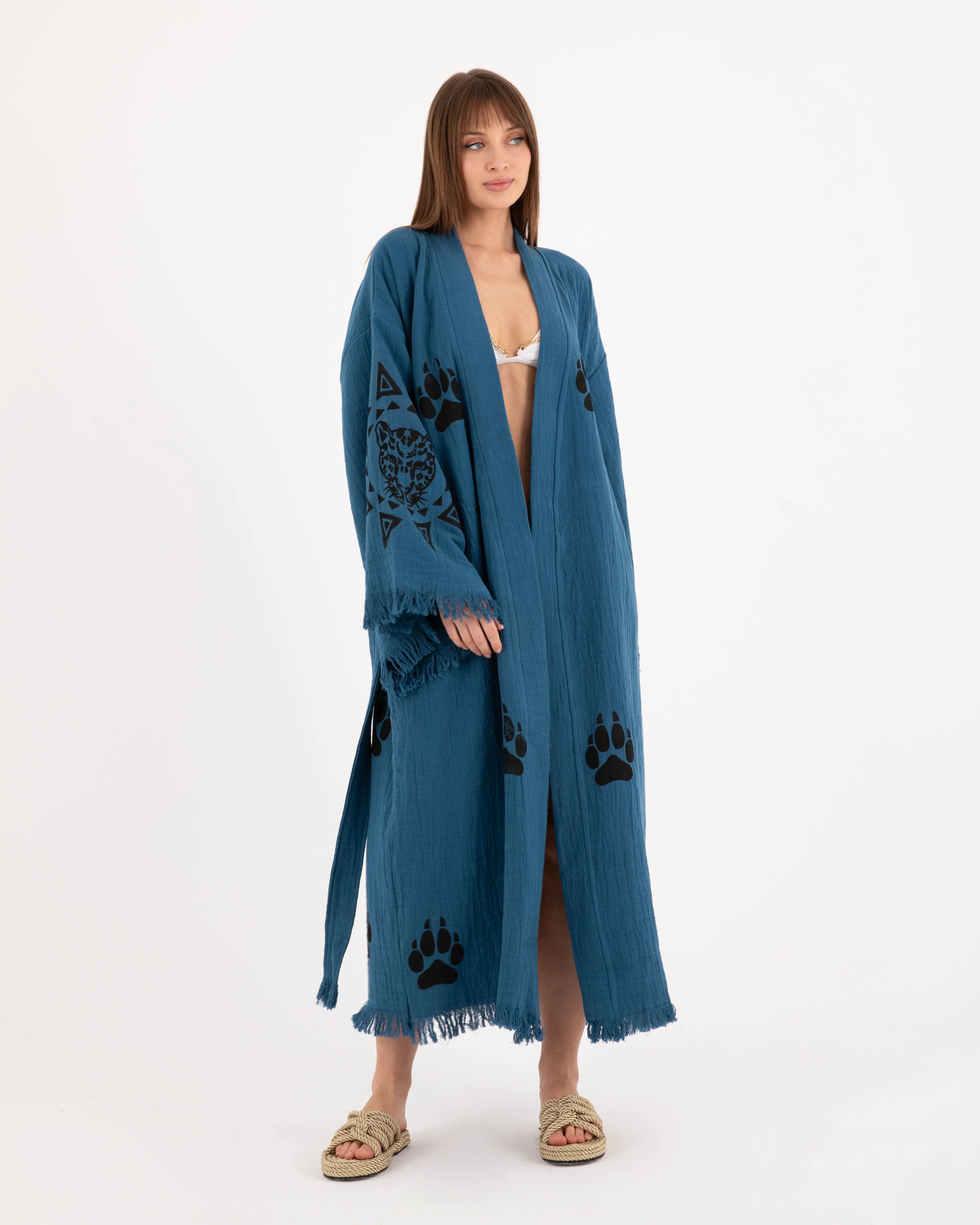 Blue Paw Detailed Kimono Robe