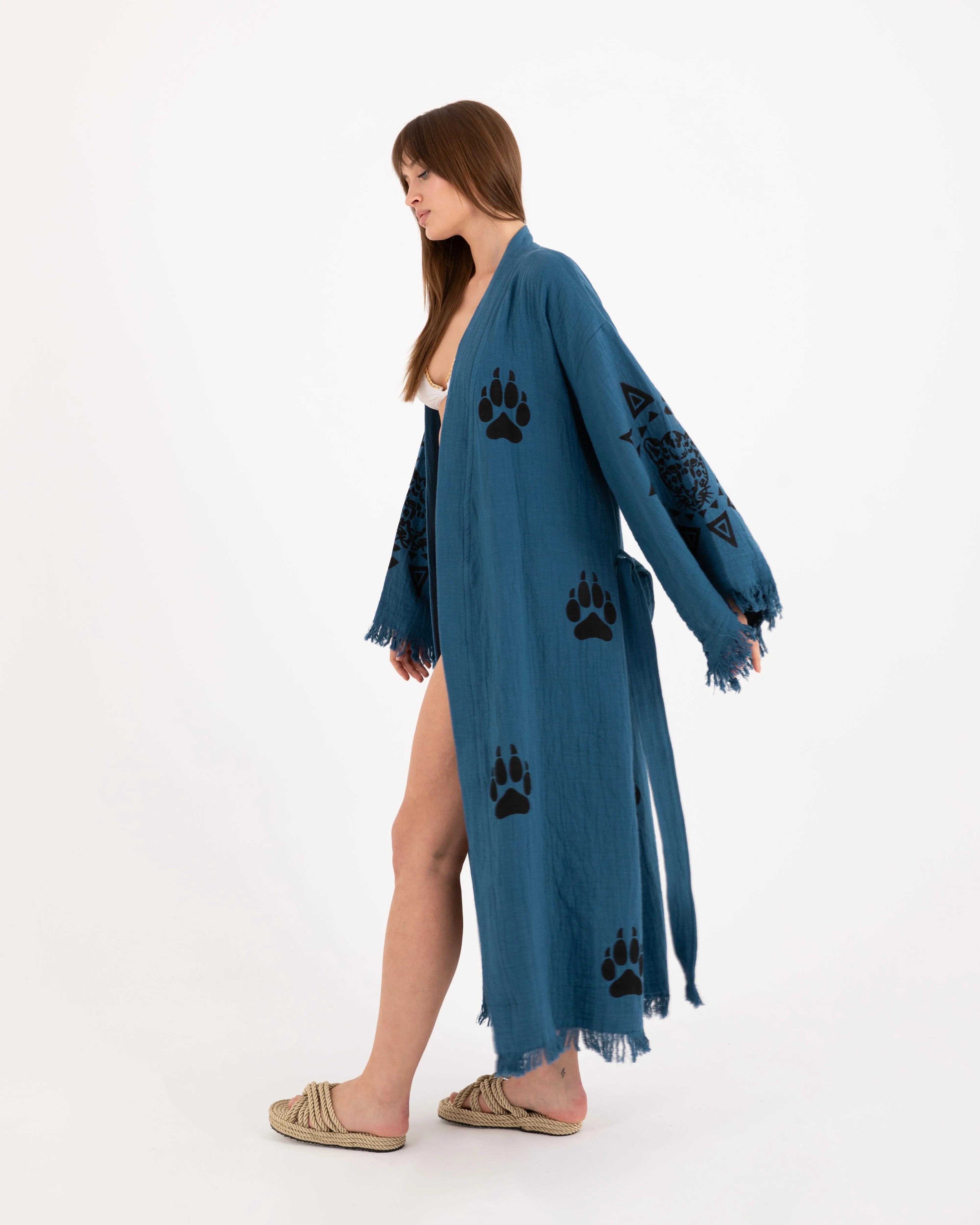 Blue Paw Detailed Kimono Robe