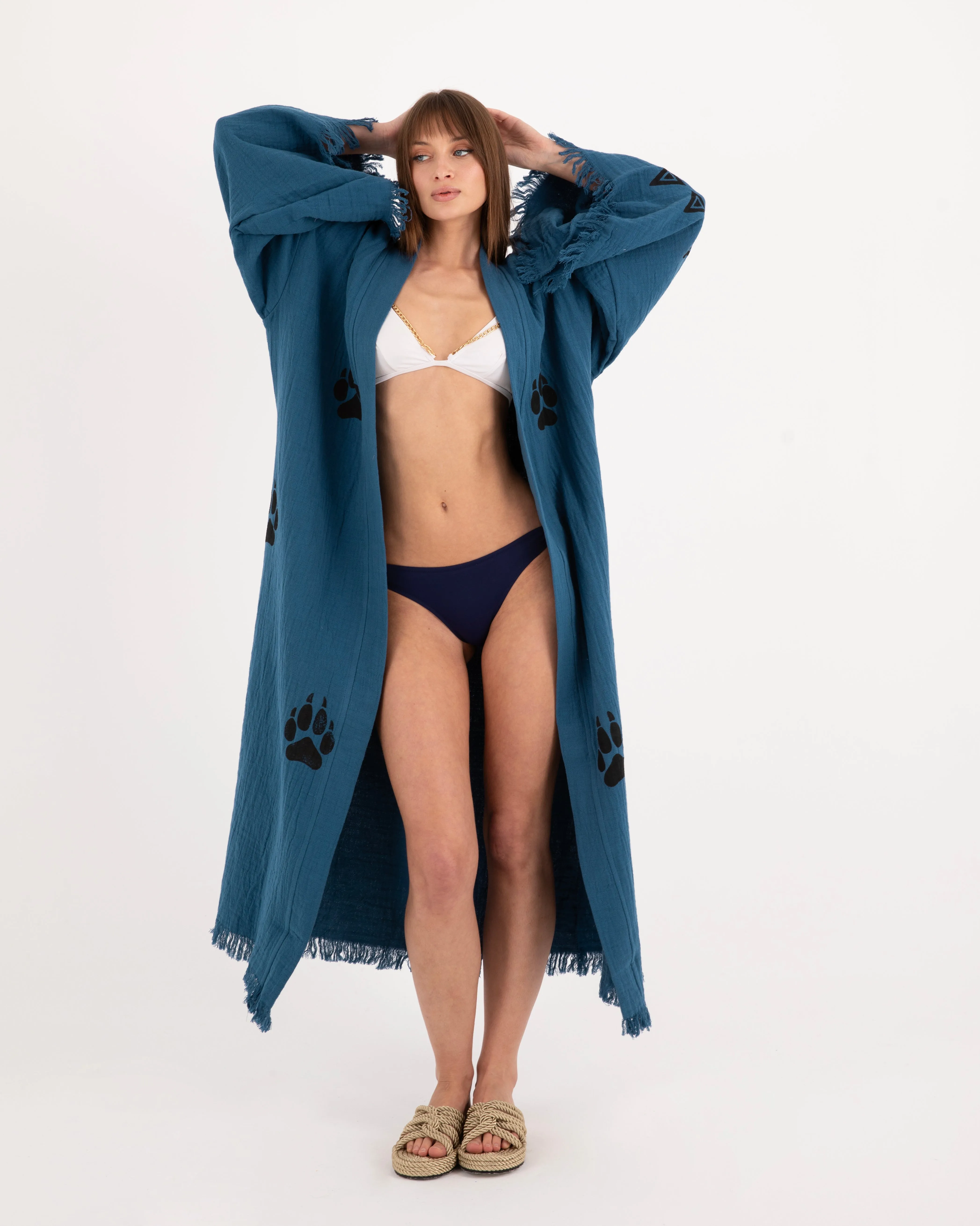 Blue Paw Detailed Kimono Robe