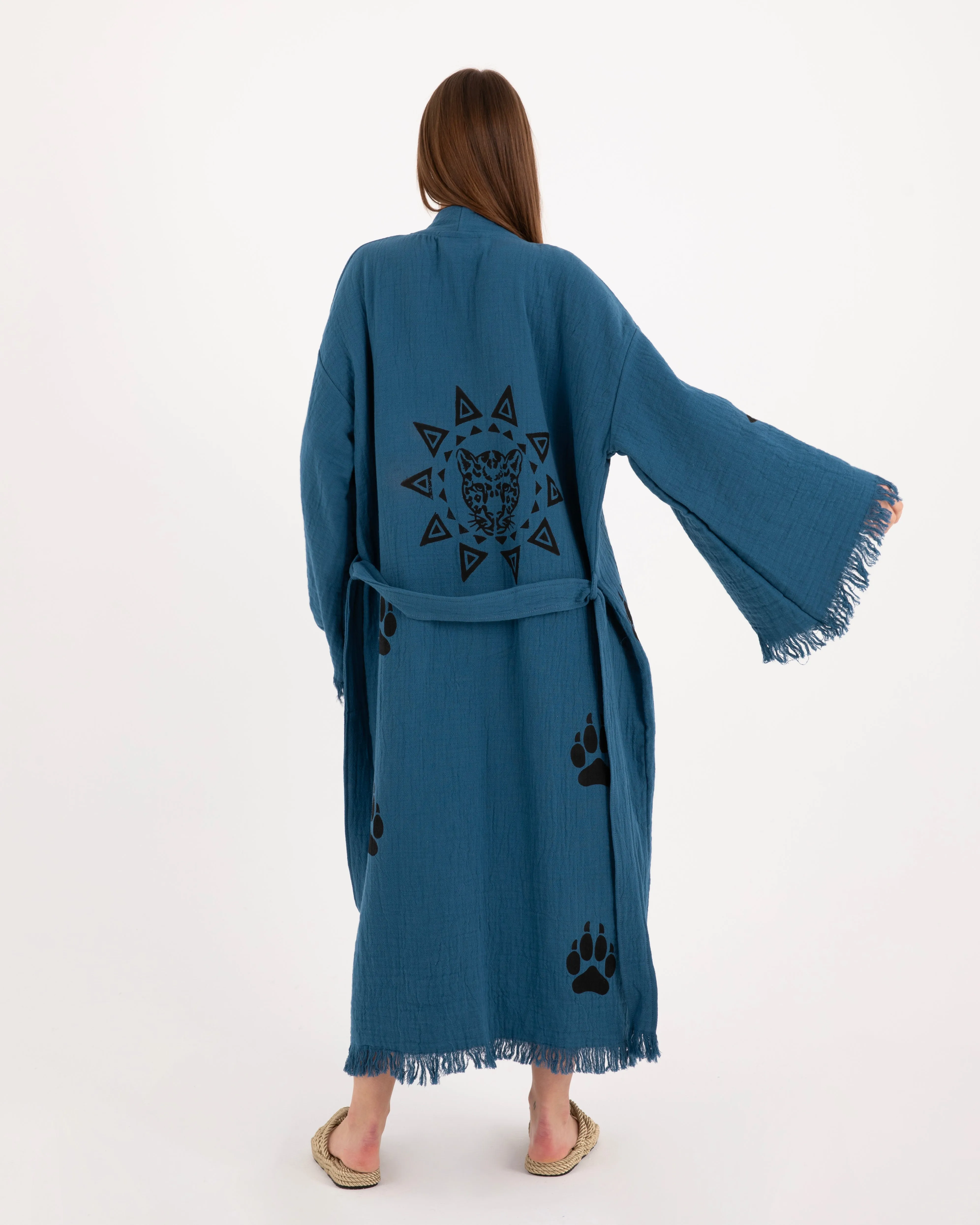 Blue Paw Detailed Kimono Robe