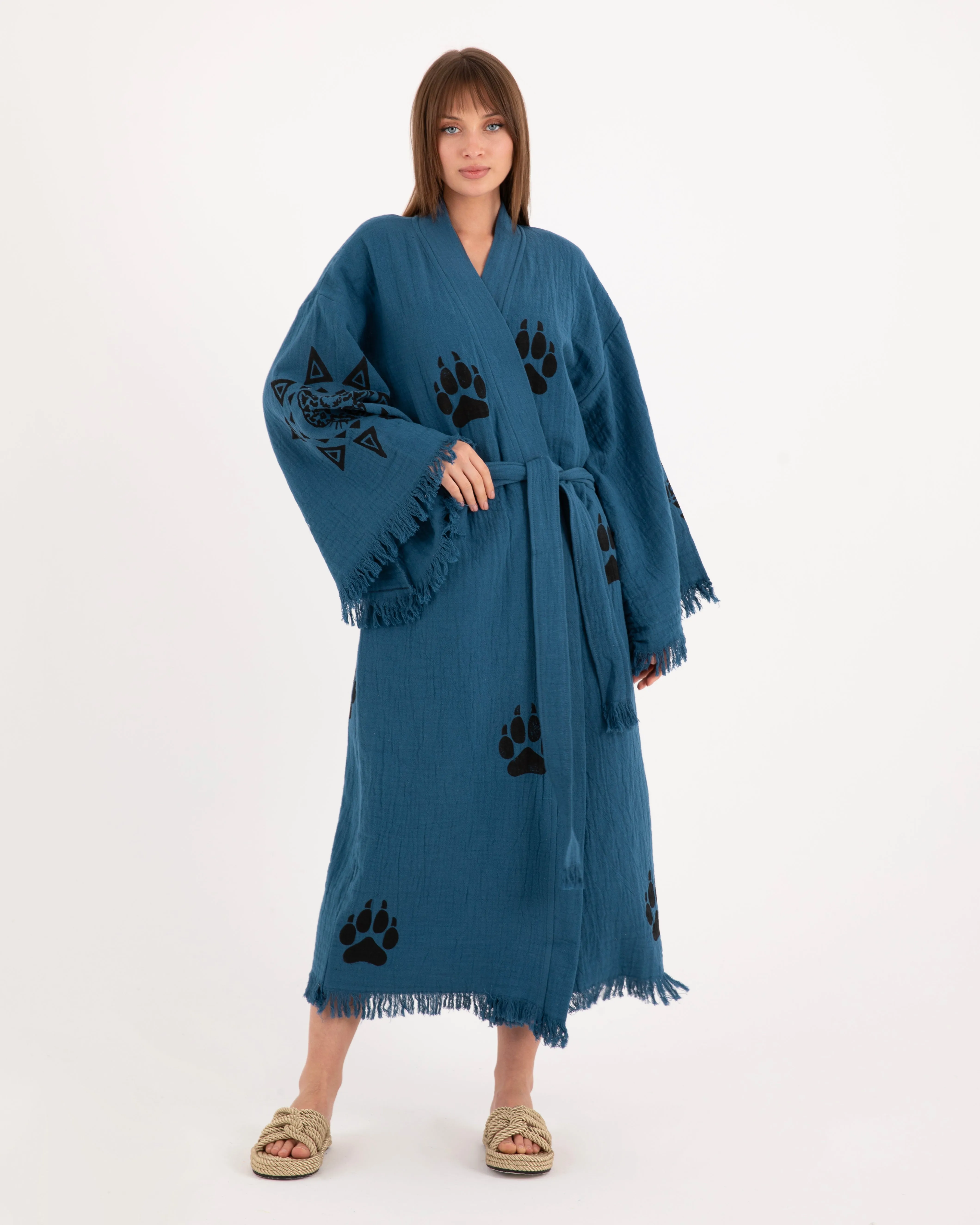 Blue Paw Detailed Kimono Robe