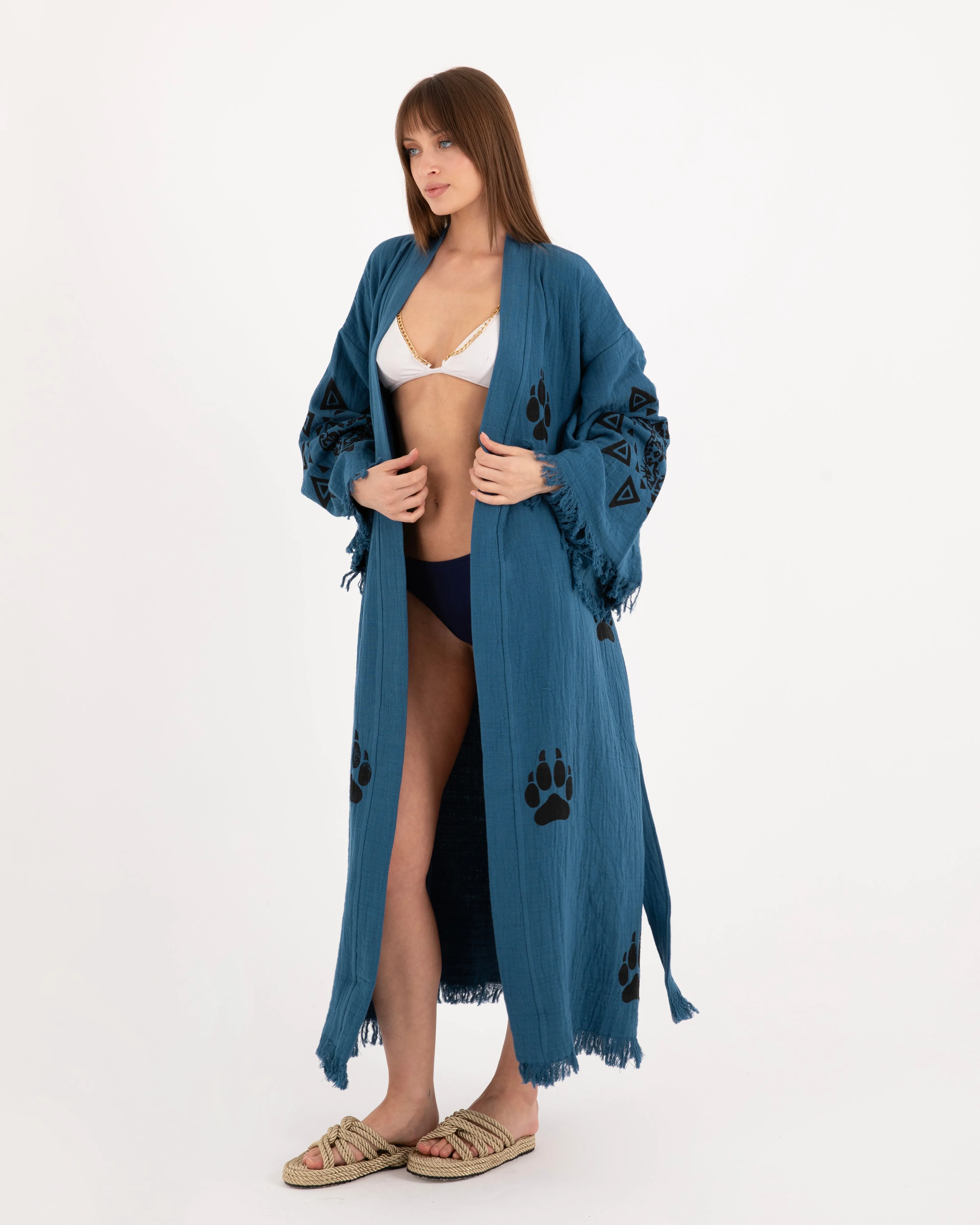 Blue Paw Detailed Kimono Robe