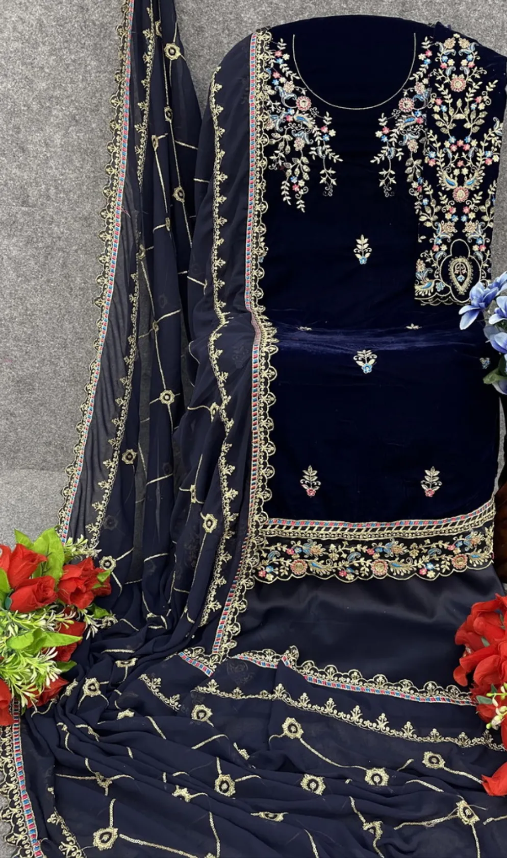 Blue Velvet Embroidery Suit Set