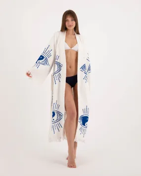 Blue Ying Yang  Patterned White Kimono