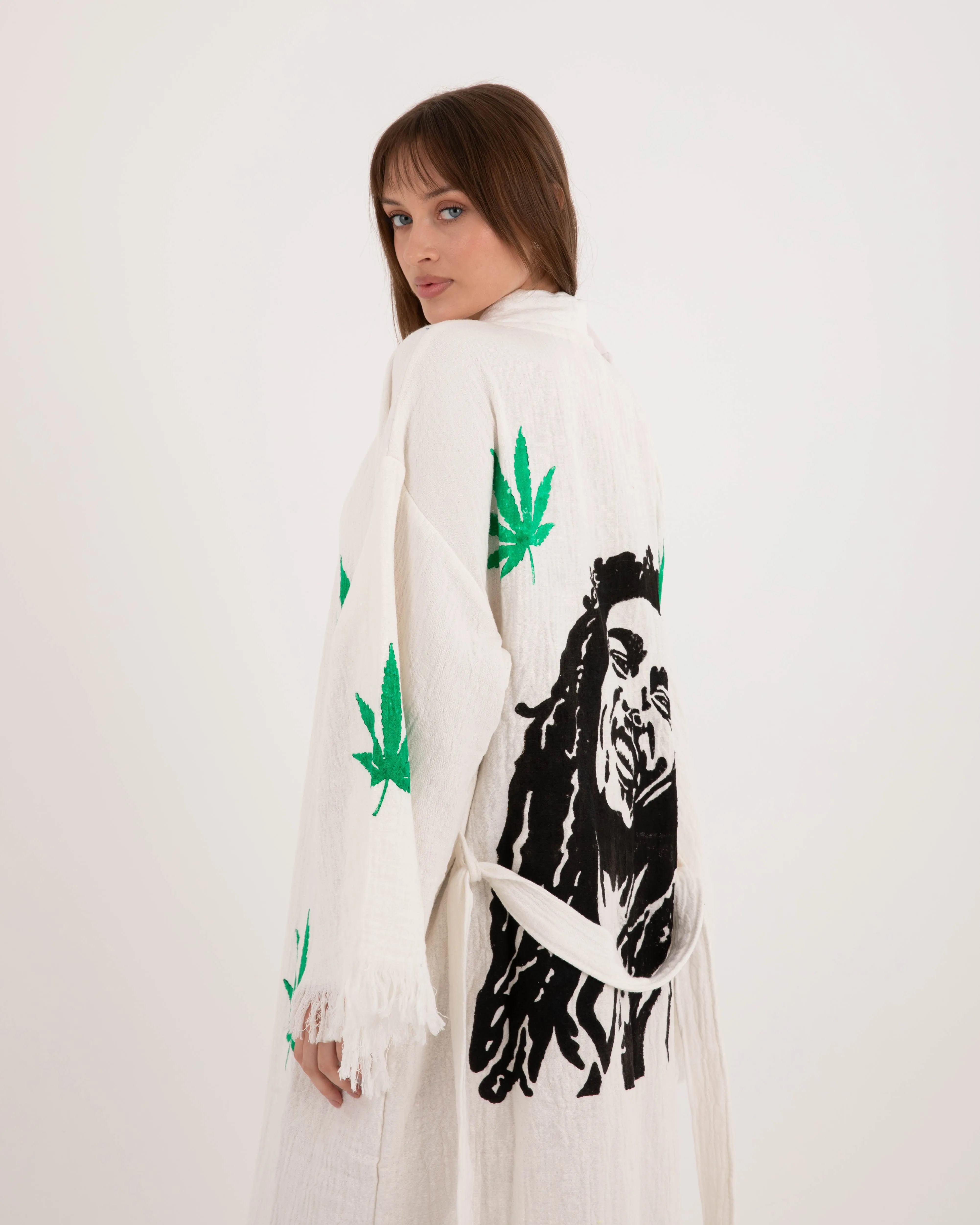 Bob Marley Patterned White Kimono Robe