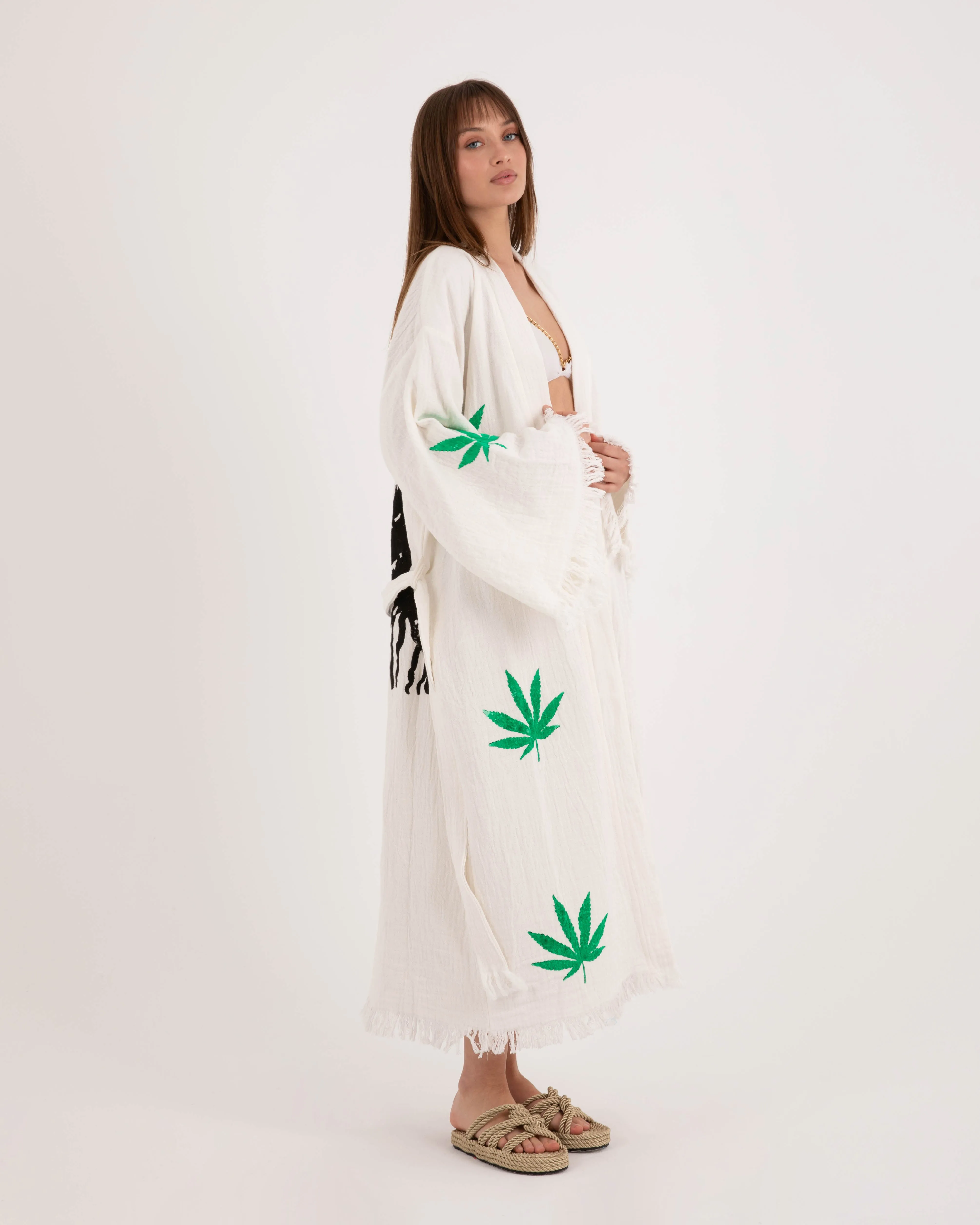Bob Marley Patterned White Kimono Robe
