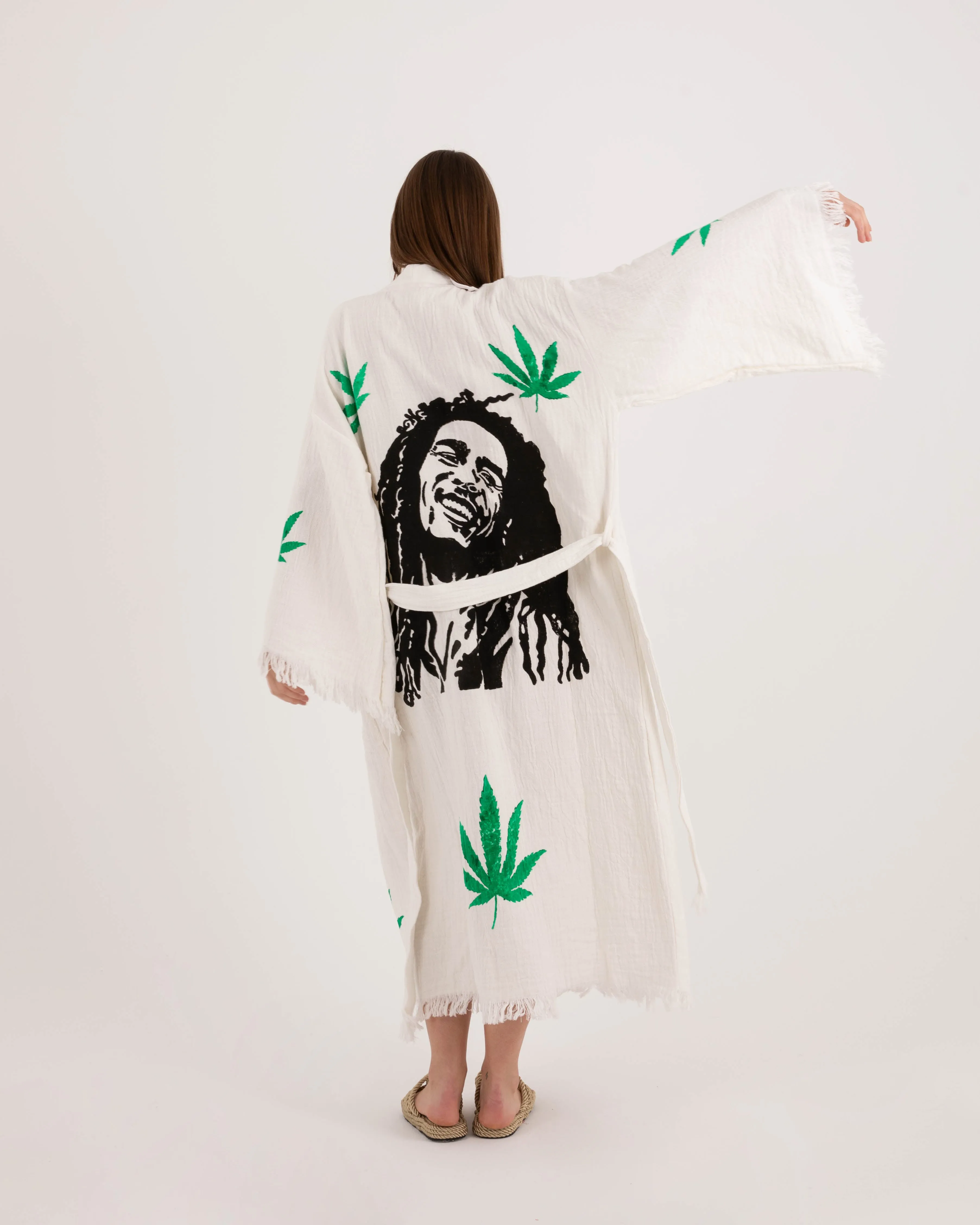 Bob Marley Patterned White Kimono Robe