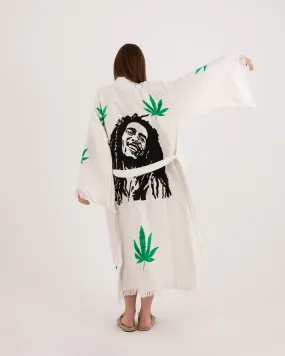 Bob Marley Patterned White Kimono Robe
