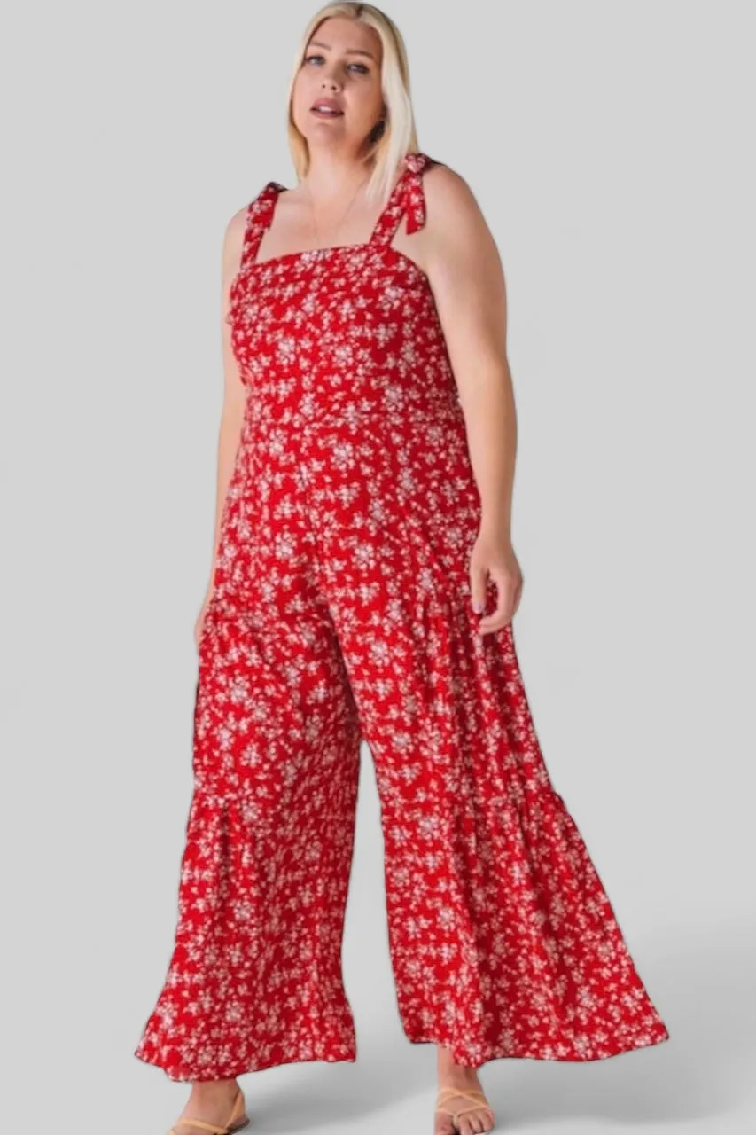 Brunch Babe Red Floral Print Sleeveless Wide Leg Jumpsuit