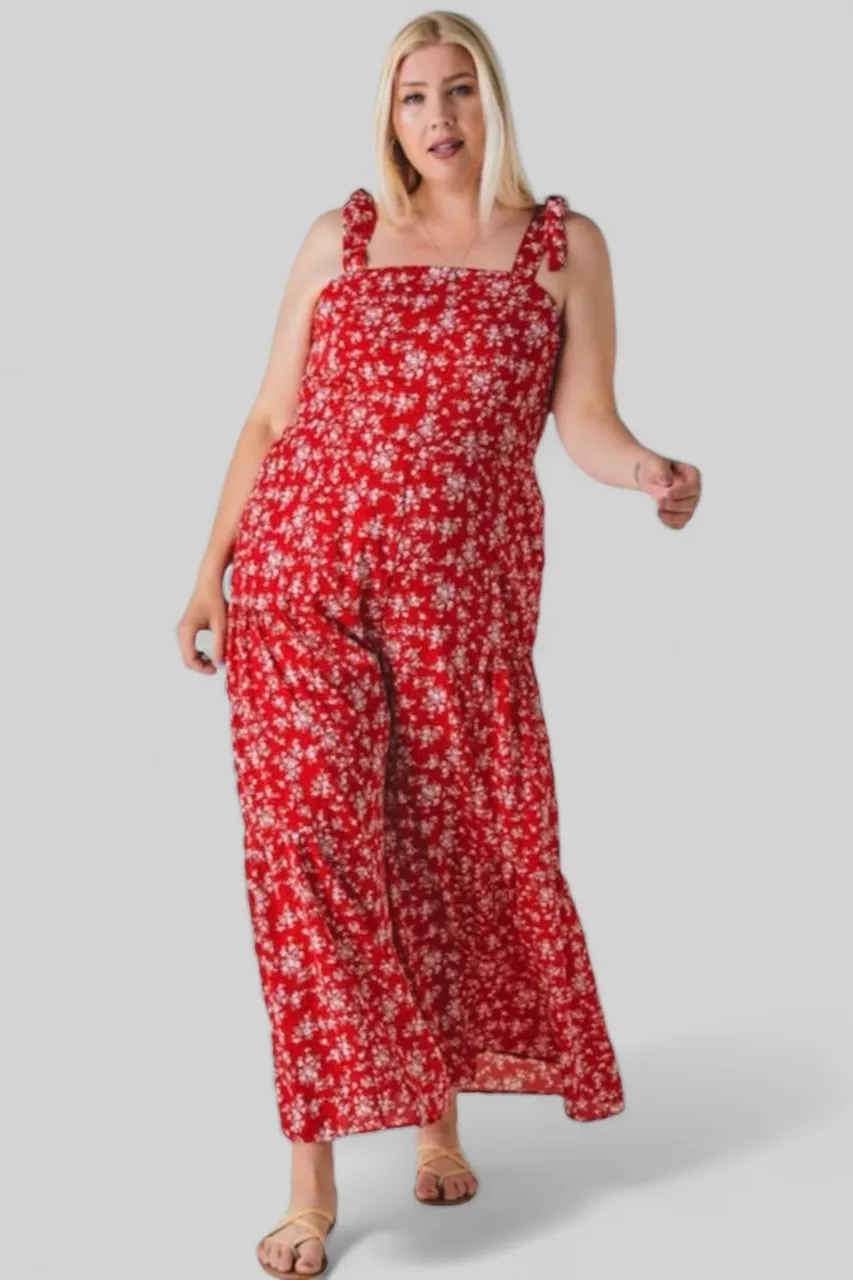 Brunch Babe Red Floral Print Sleeveless Wide Leg Jumpsuit