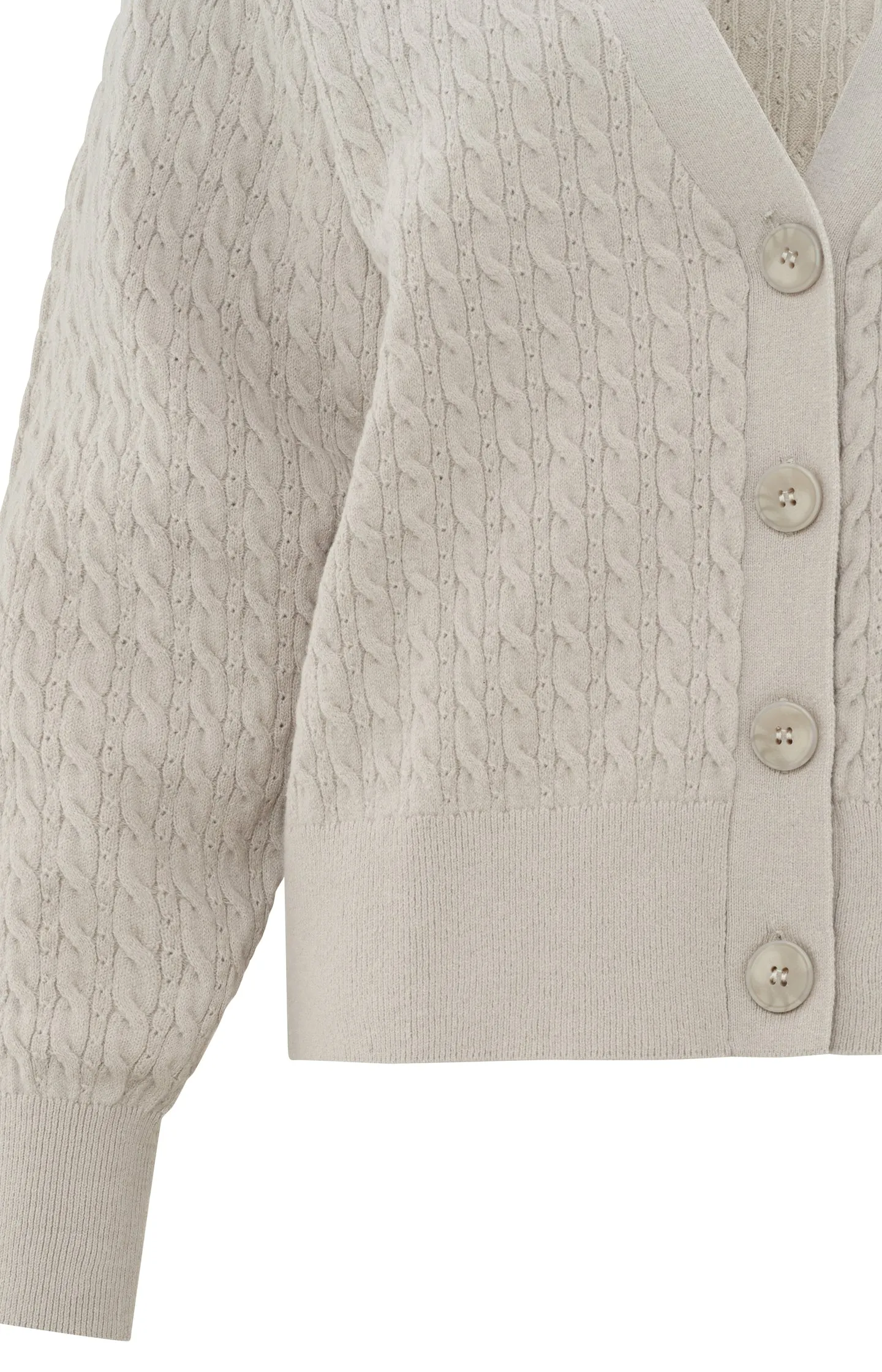 Cardigan with cable pattern, long sleeves and deep V-neck
