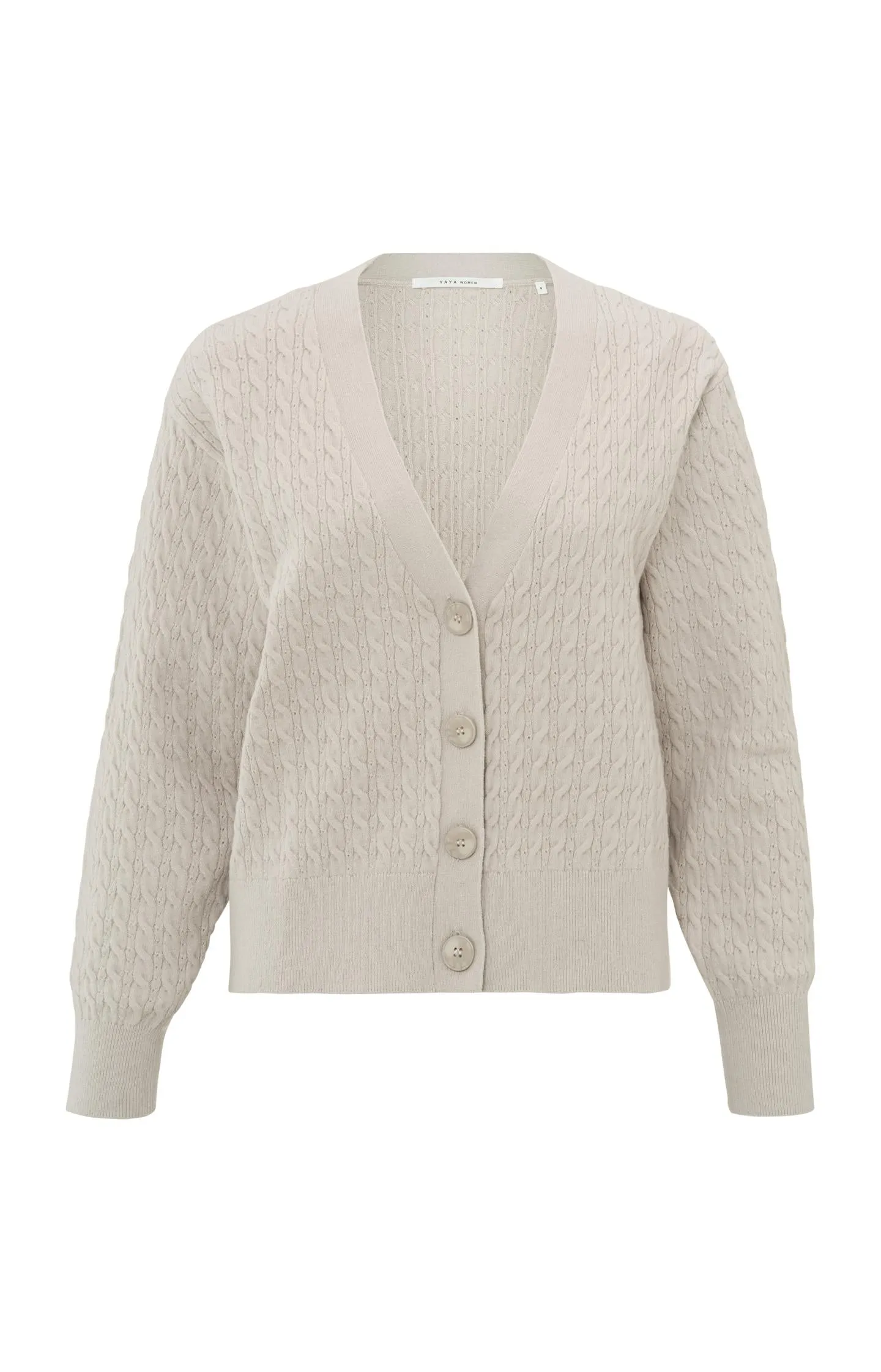 Cardigan with cable pattern, long sleeves and deep V-neck