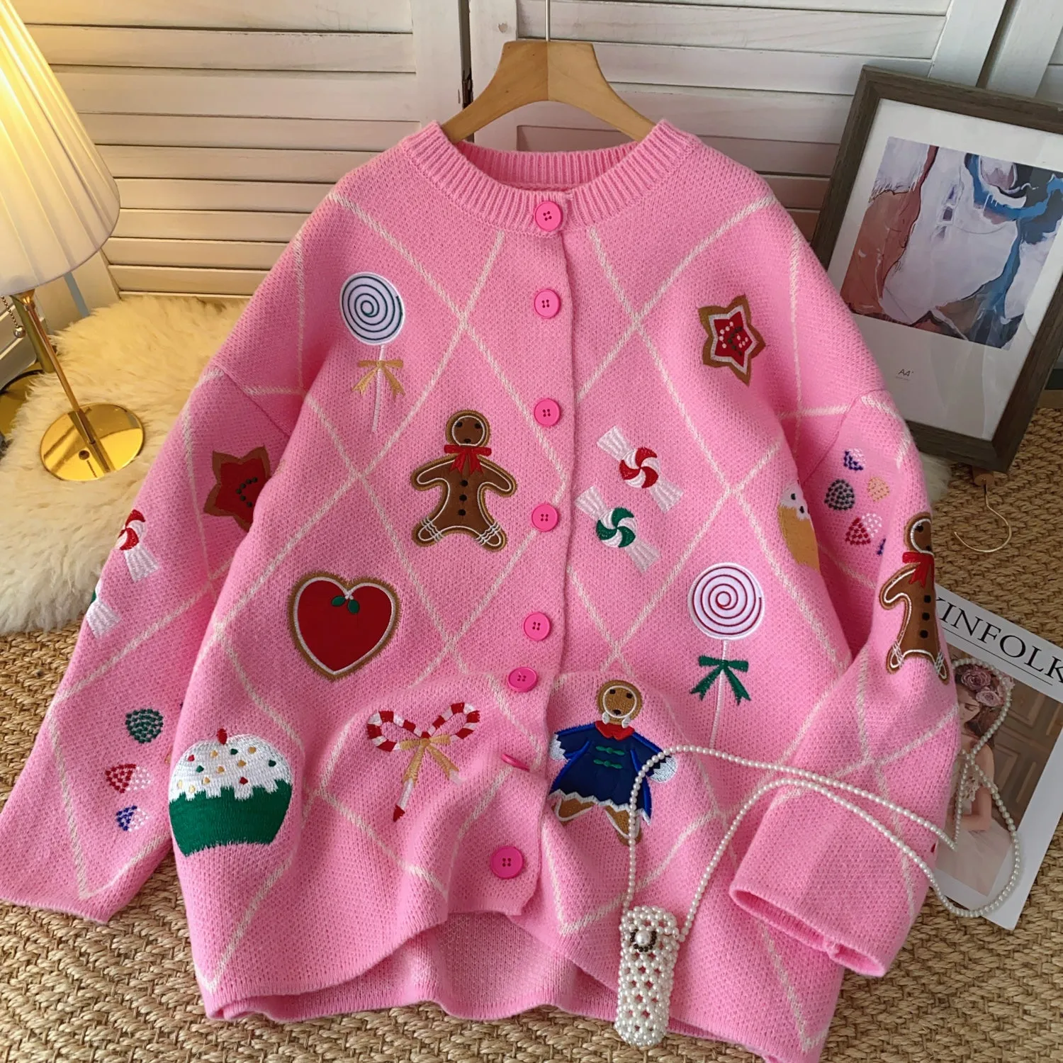 Cartoon Embroidered Loose-fit Cardigan