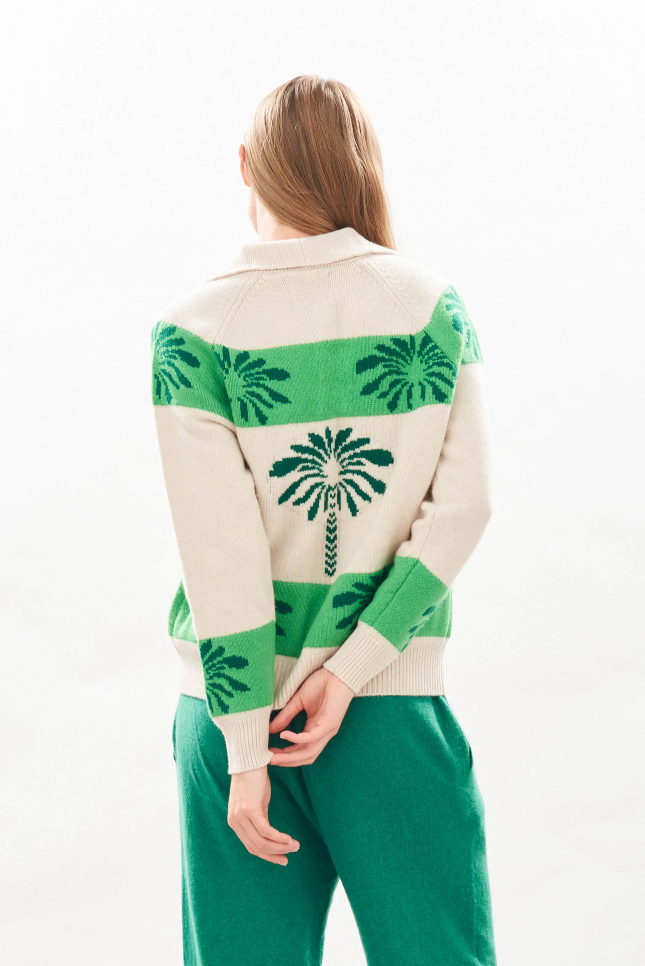 Cashmere Wool Palm Cardigan in Biscuit and Green