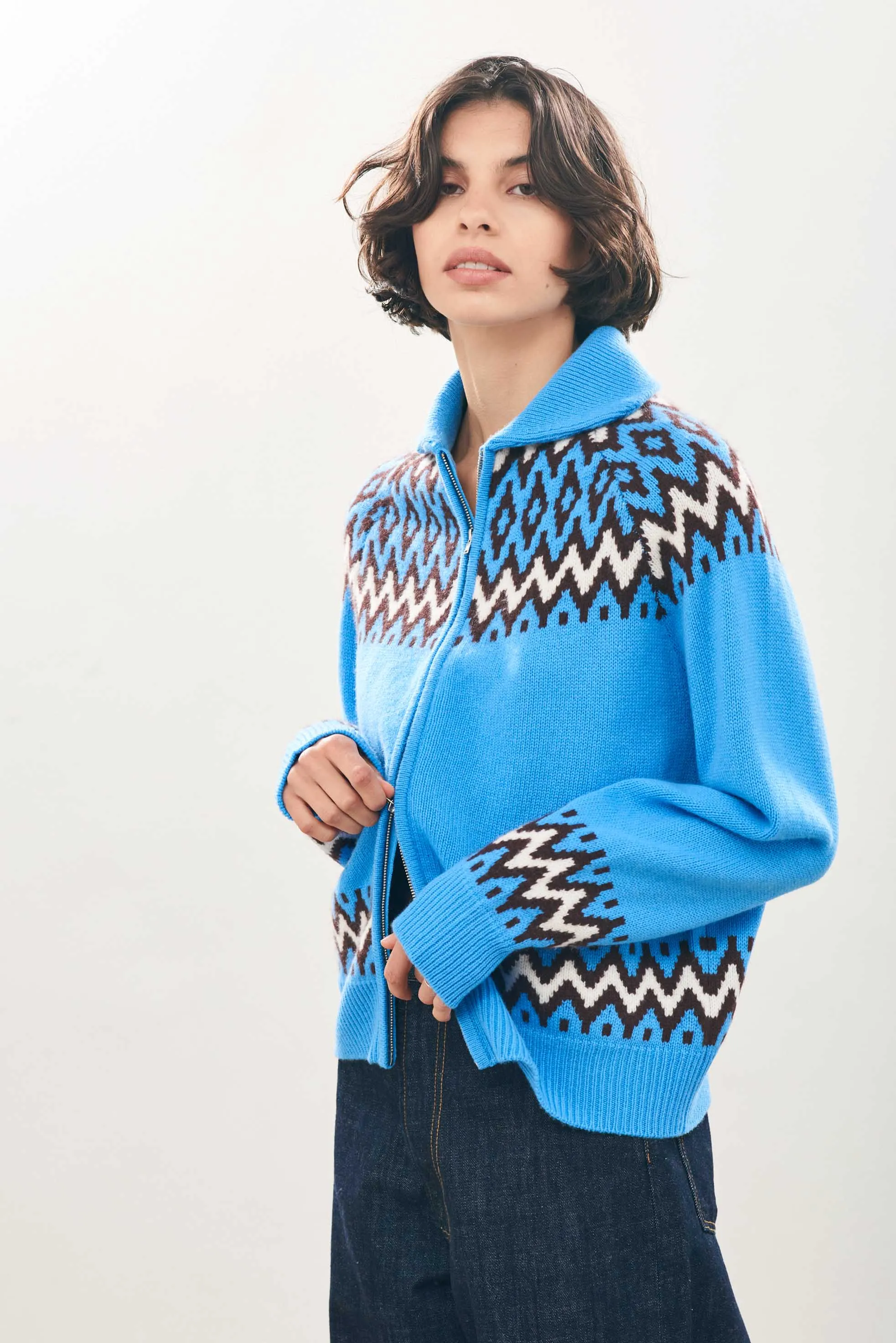 Cashmere Wool Ski Zip Up in Sky