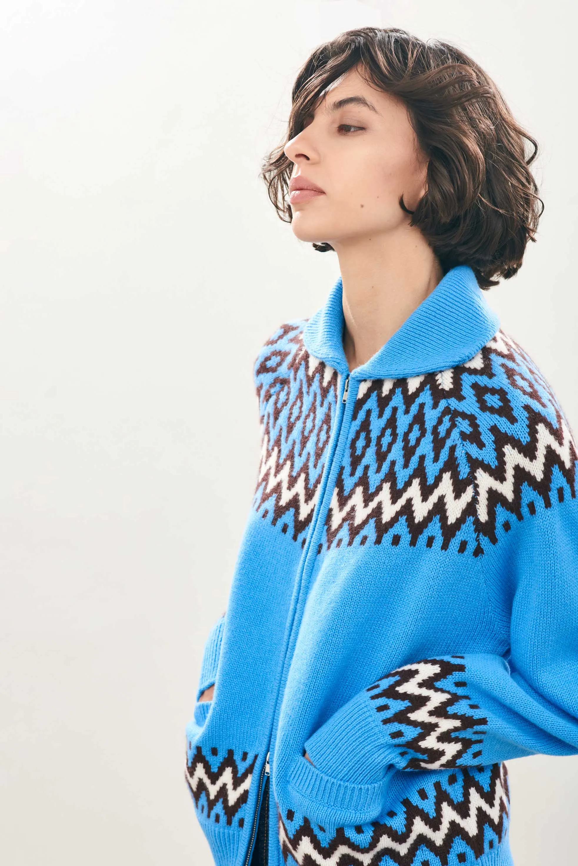Cashmere Wool Ski Zip Up in Sky