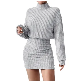 Casual Bodycon Women’s Long Sleeve Ribbed Knit Turtleneck Mini Sweater Dress