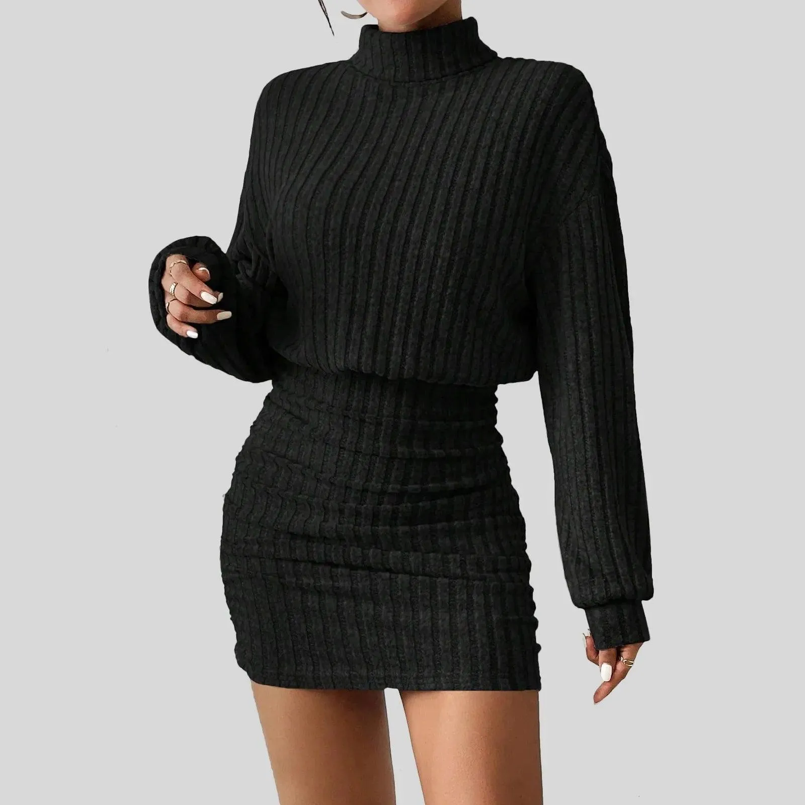 Casual Bodycon Women’s Long Sleeve Ribbed Knit Turtleneck Mini Sweater Dress