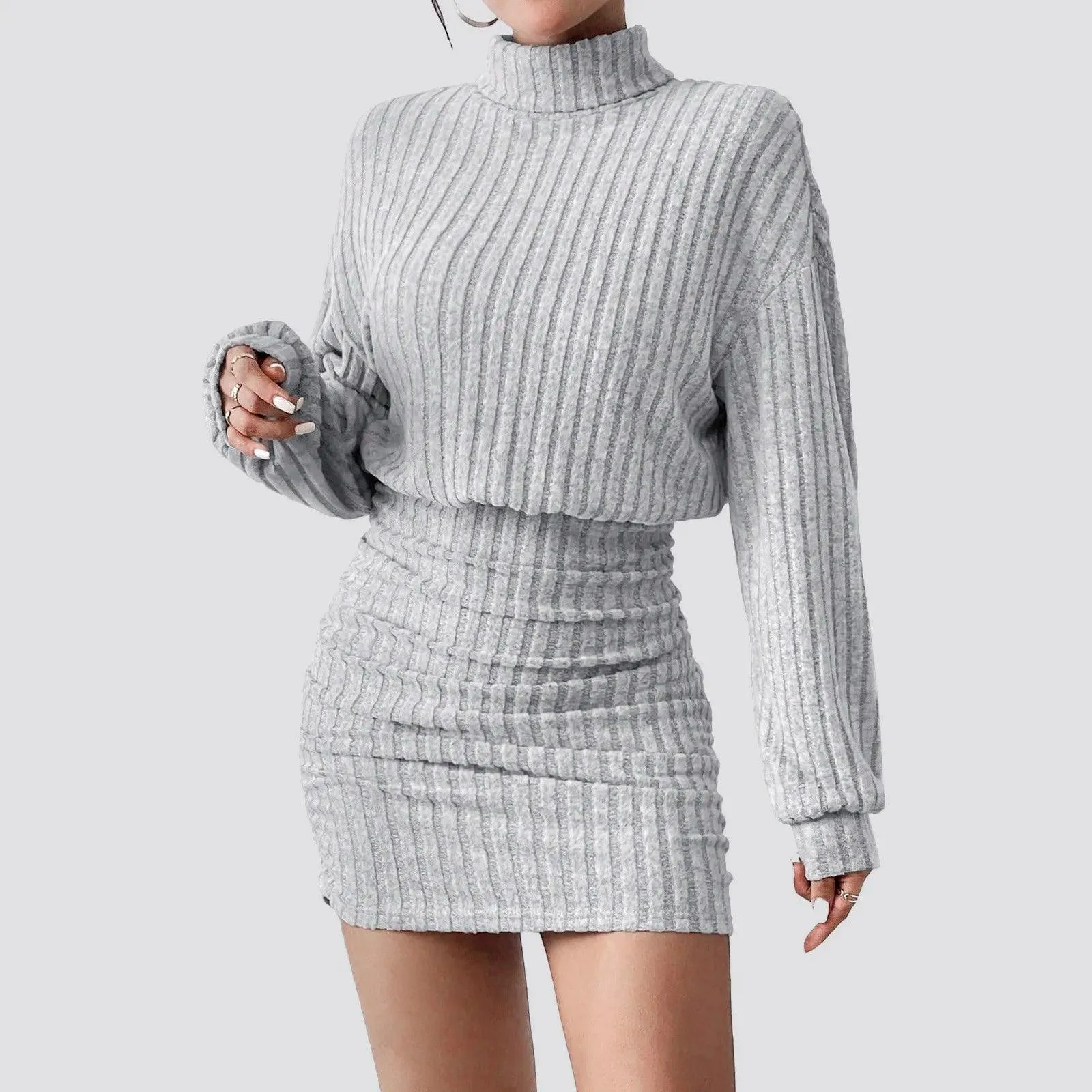 Casual Bodycon Women’s Long Sleeve Ribbed Knit Turtleneck Mini Sweater Dress