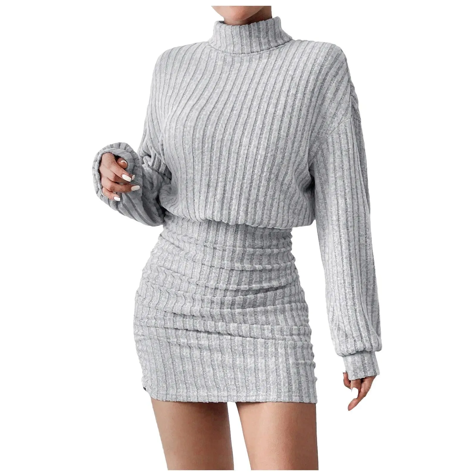 Casual Bodycon Women’s Long Sleeve Ribbed Knit Turtleneck Mini Sweater Dress