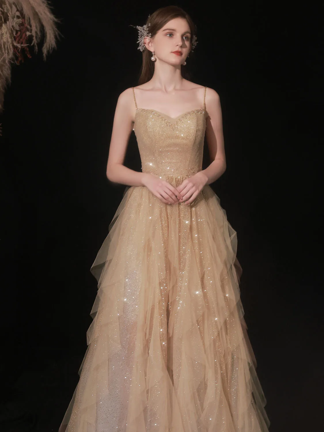 Champagne Tulle Sequin Long Prom Dress, Champagne Tulle Formal Dress