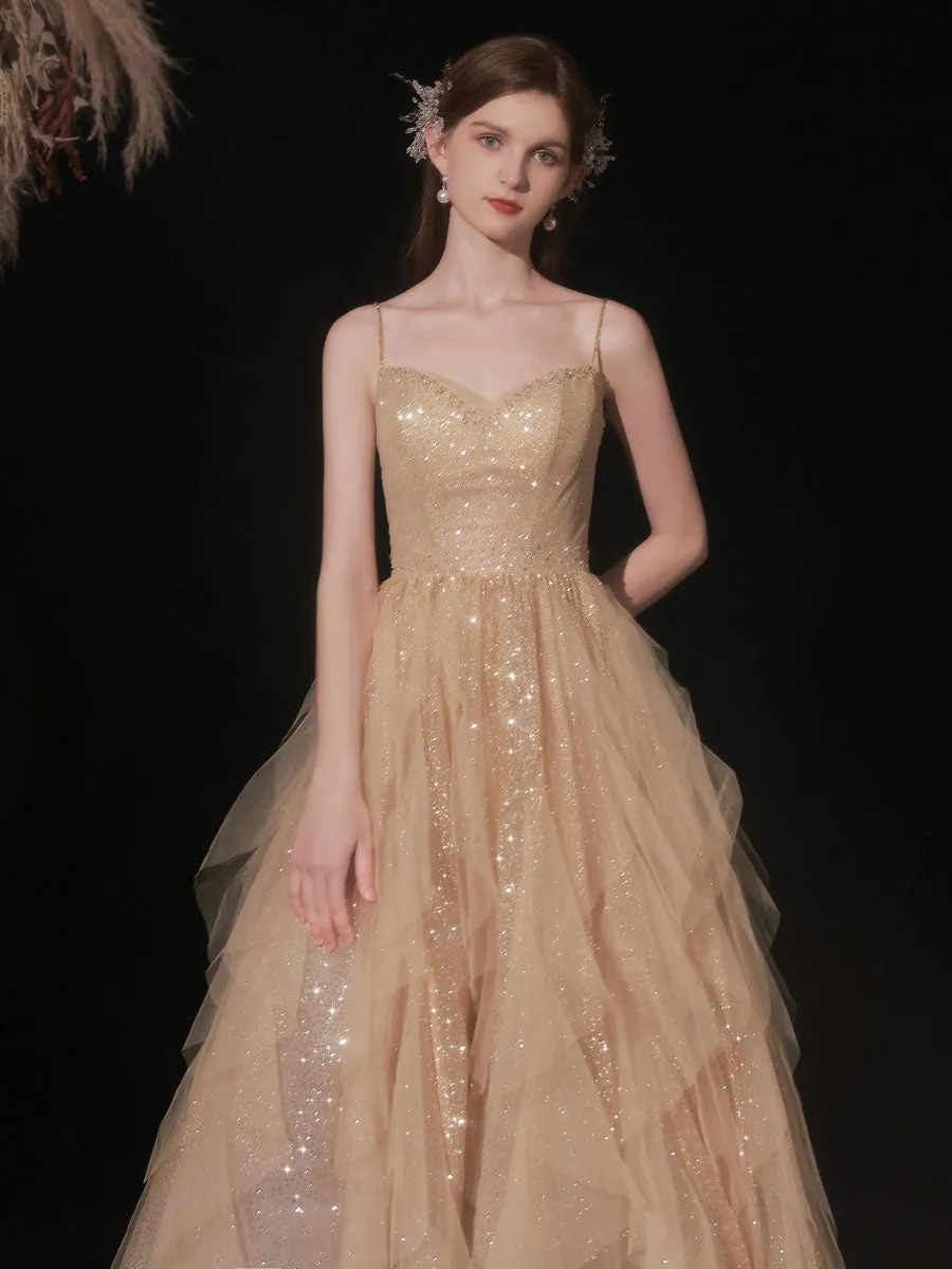 Champagne Tulle Sequin Long Prom Dress, Champagne Tulle Formal Dress