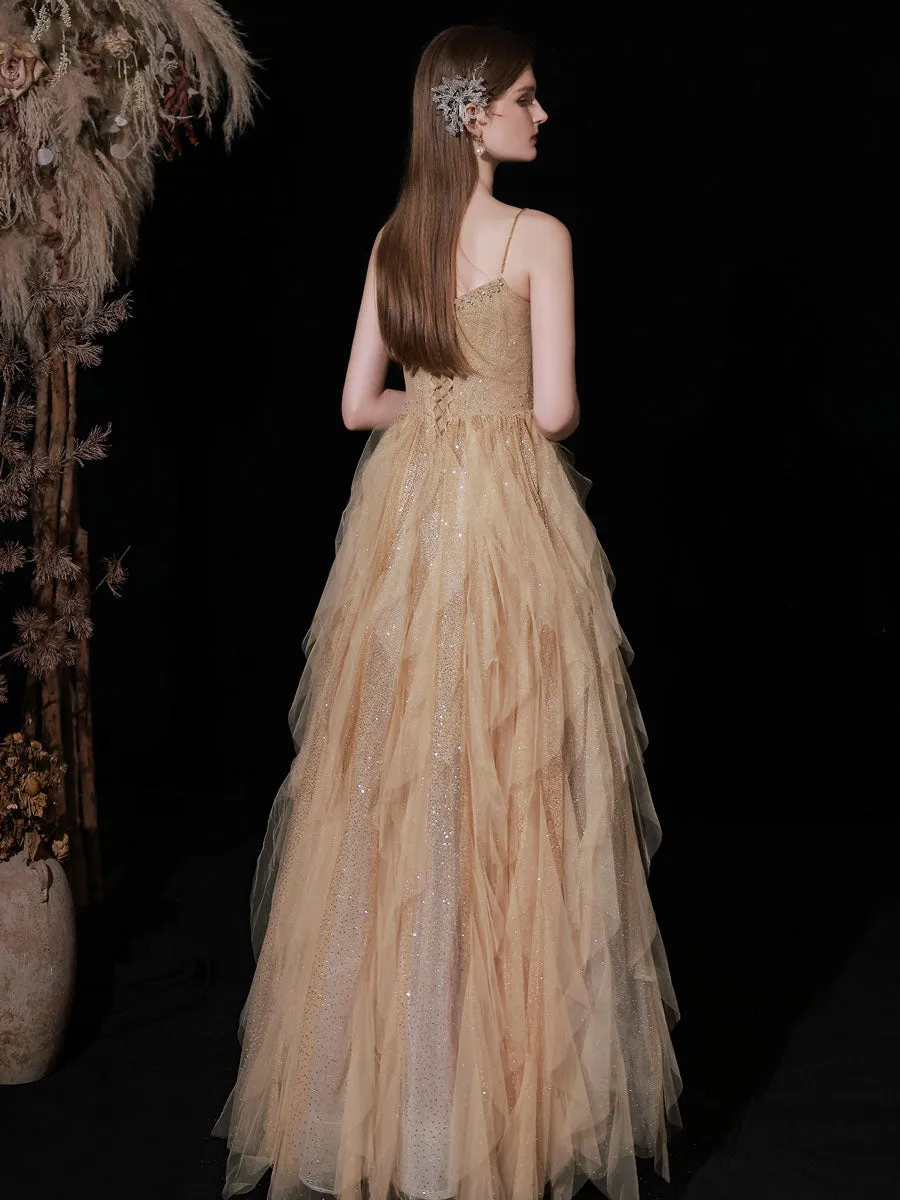 Champagne Tulle Sequin Long Prom Dress, Champagne Tulle Formal Dress